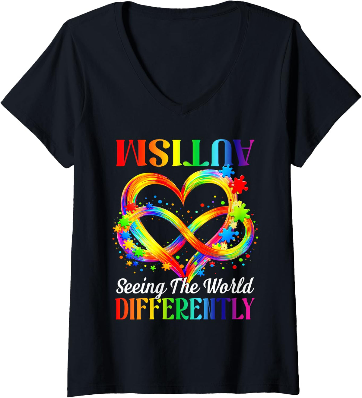 Women's Seeing The World Differently Autism Awareness Infinity V-Neck T-Shirt - Black