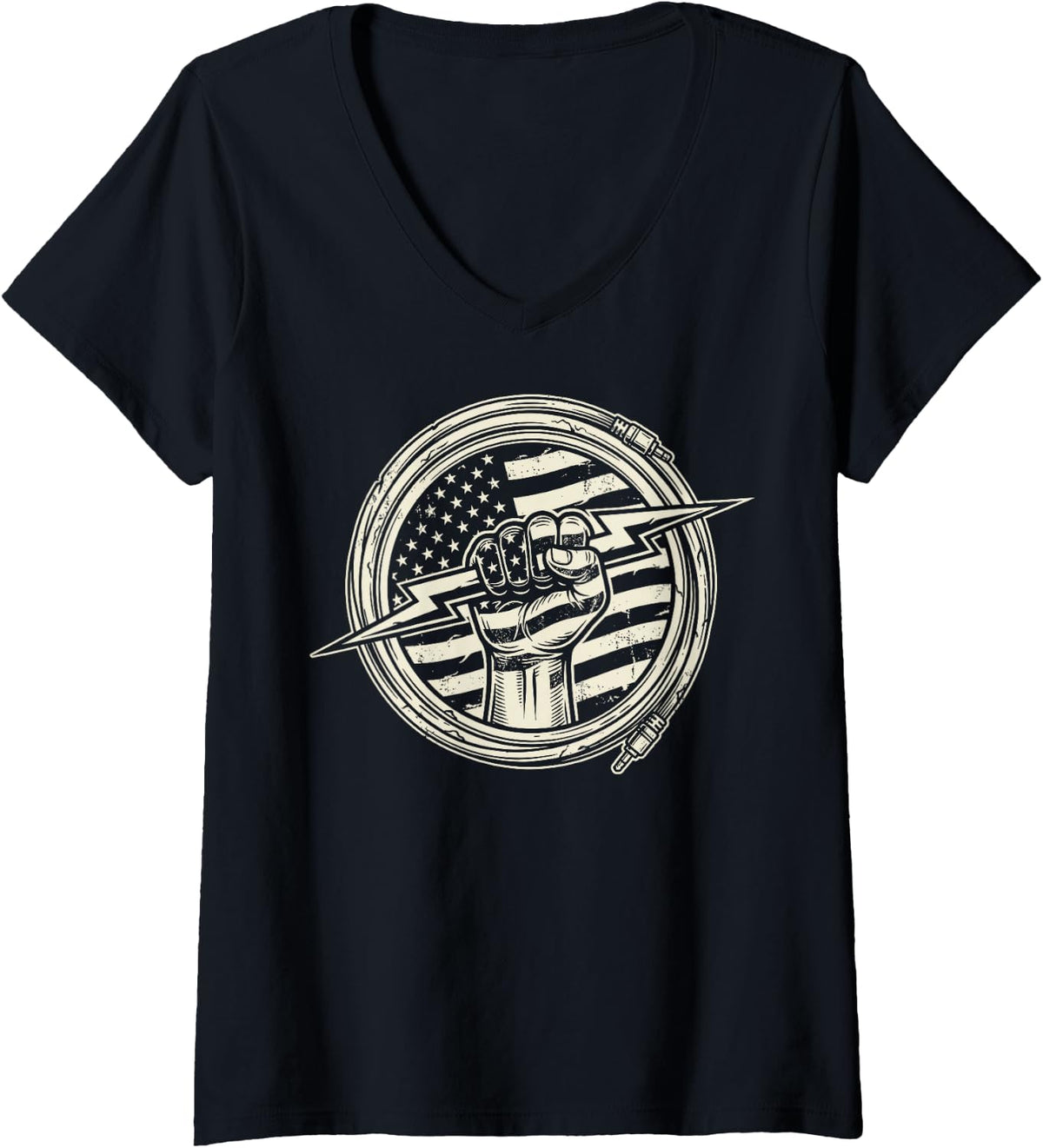 Women's American US Flag Electrician Lightning Electrical Worker Tee V-Neck T-Shirt - Black