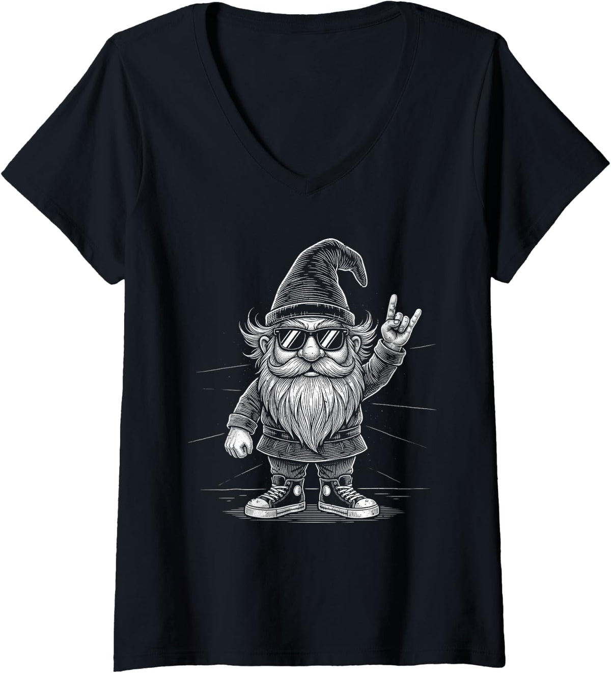 Women's Garden Gnome Rock Salute Bearded Headbanger Illustration V-Neck T-Shirt - Black