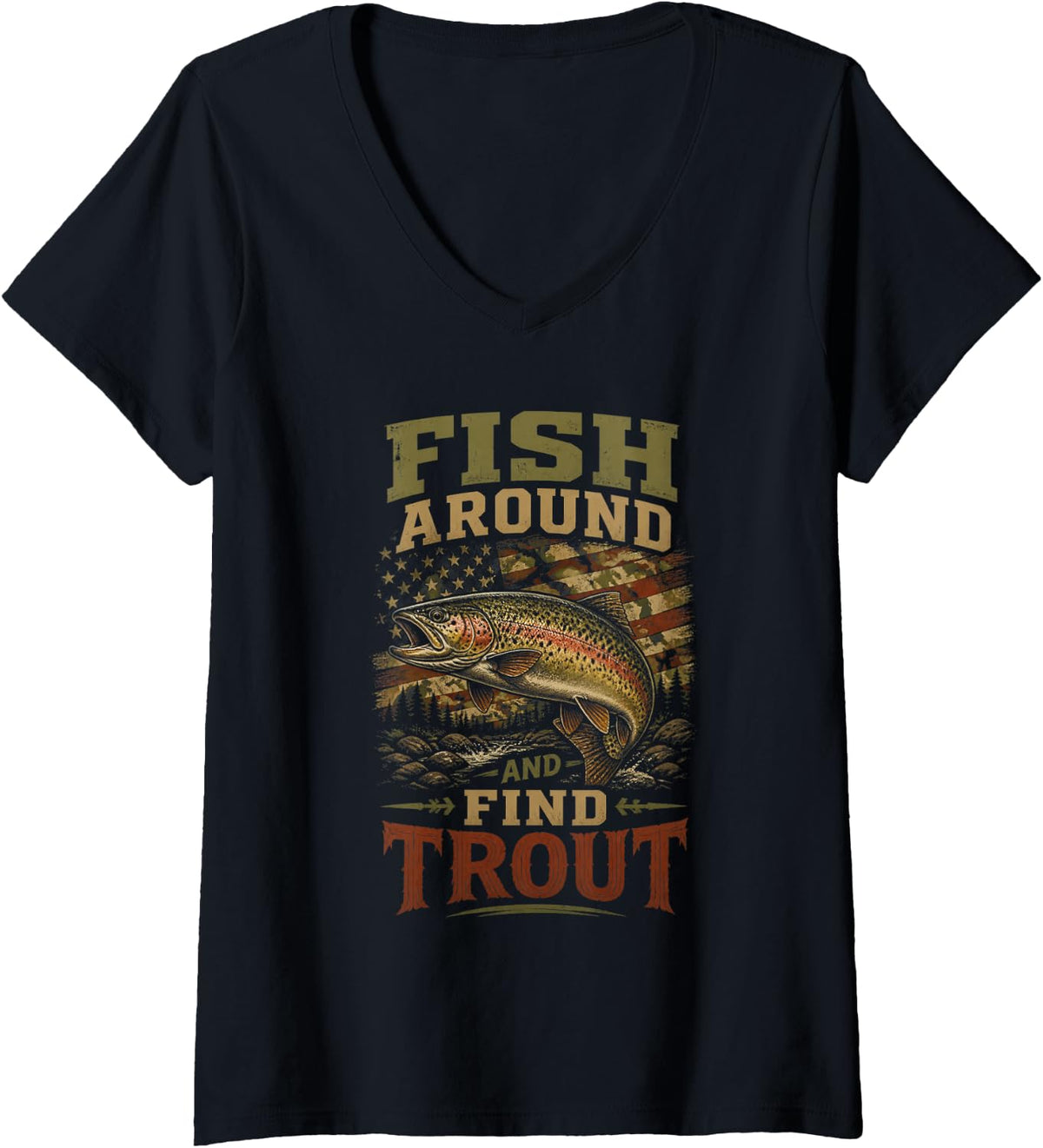 Women's Fish Around and FIND Trout Vintage Fishing Fun V-Neck T-Shirt - Black