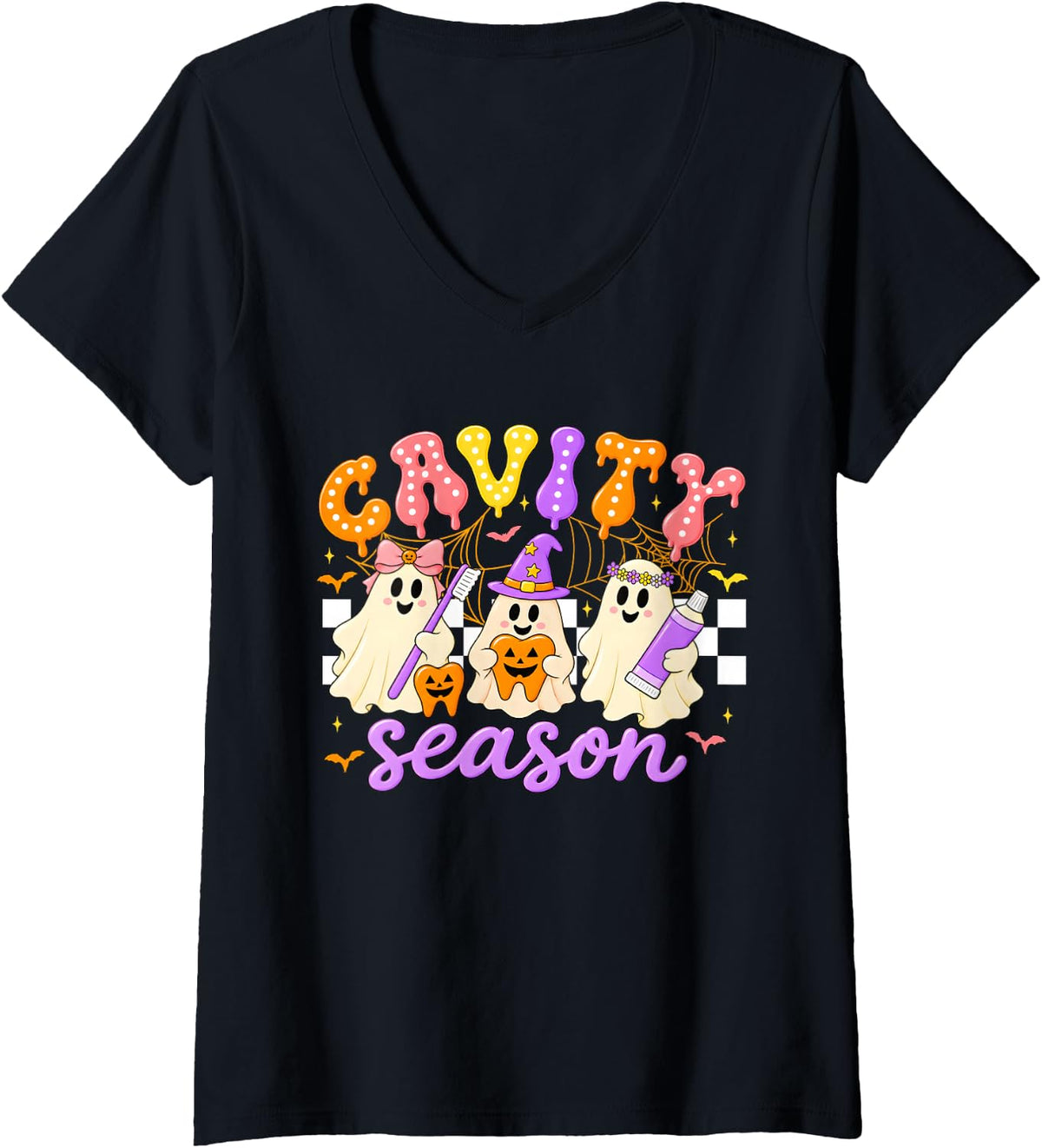 Women's Halloween Dentist Cavity Season Dental Women Men V-Neck T-Shirt - Black