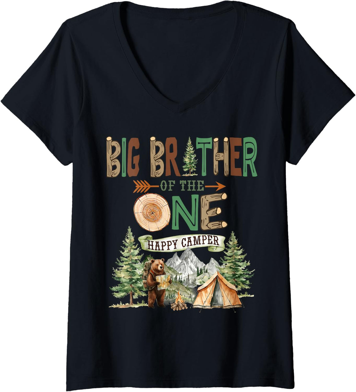 Women's Big Brother of The One Happy Camper 1st Birthday Camping V-Neck T-Shirt - Black
