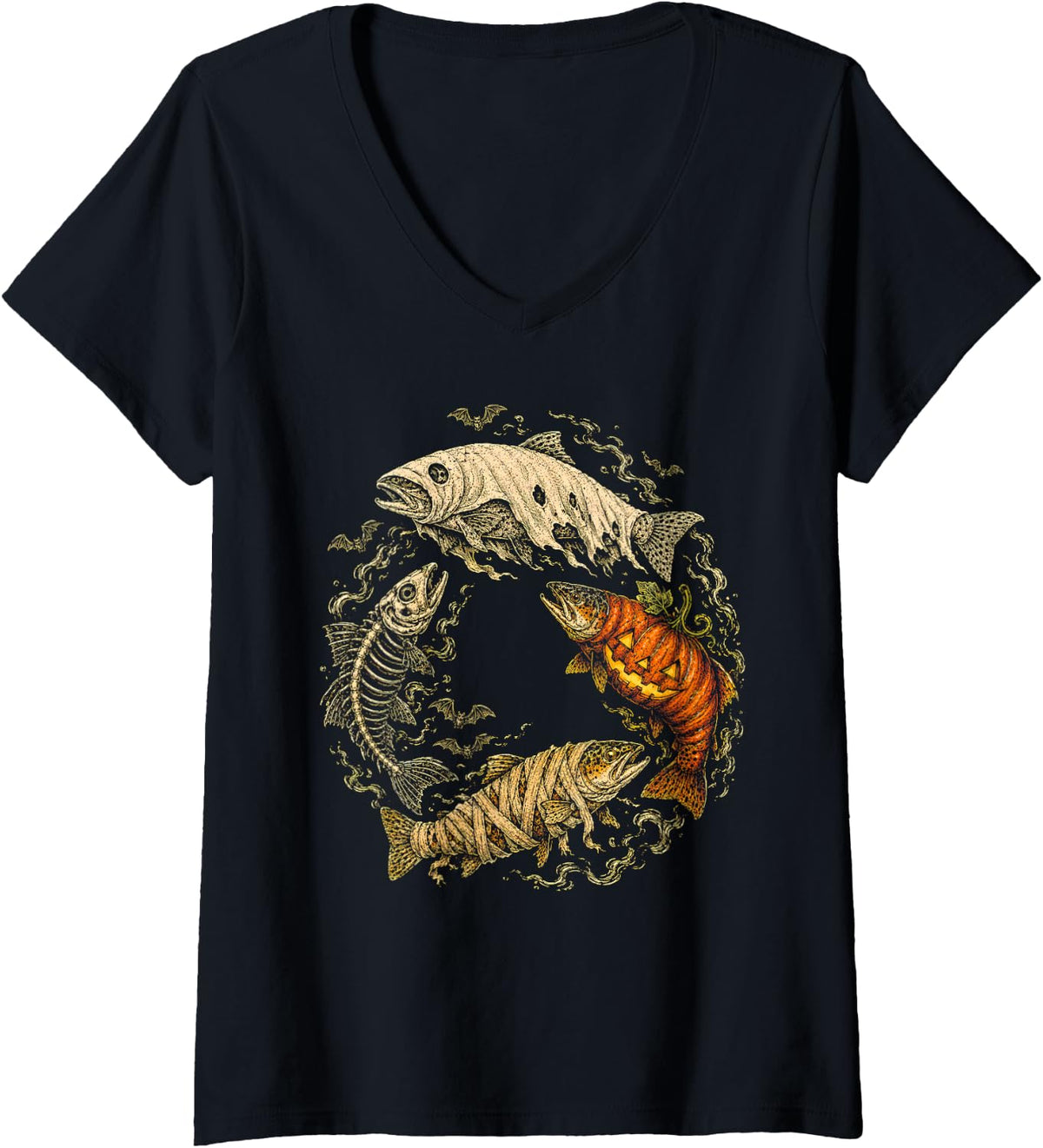 Women's Halloween Trout Circle Mummy Skeleton Pumpkin Fish Fishing V-Neck T-Shirt - Black
