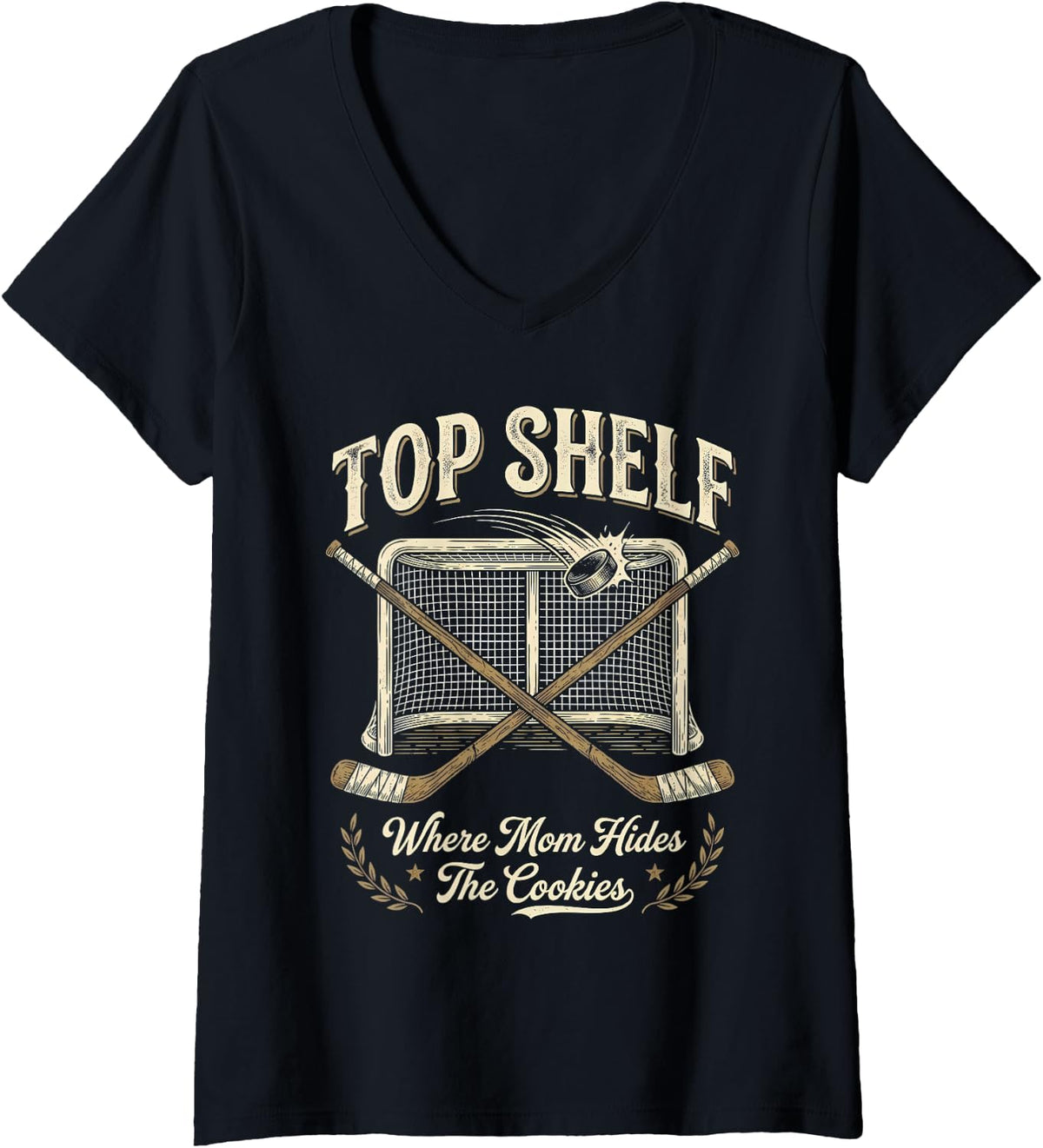 Women's Top Shelf Where Mom Hides the Cookies Ice Hockey V-Neck T-Shirt - Black