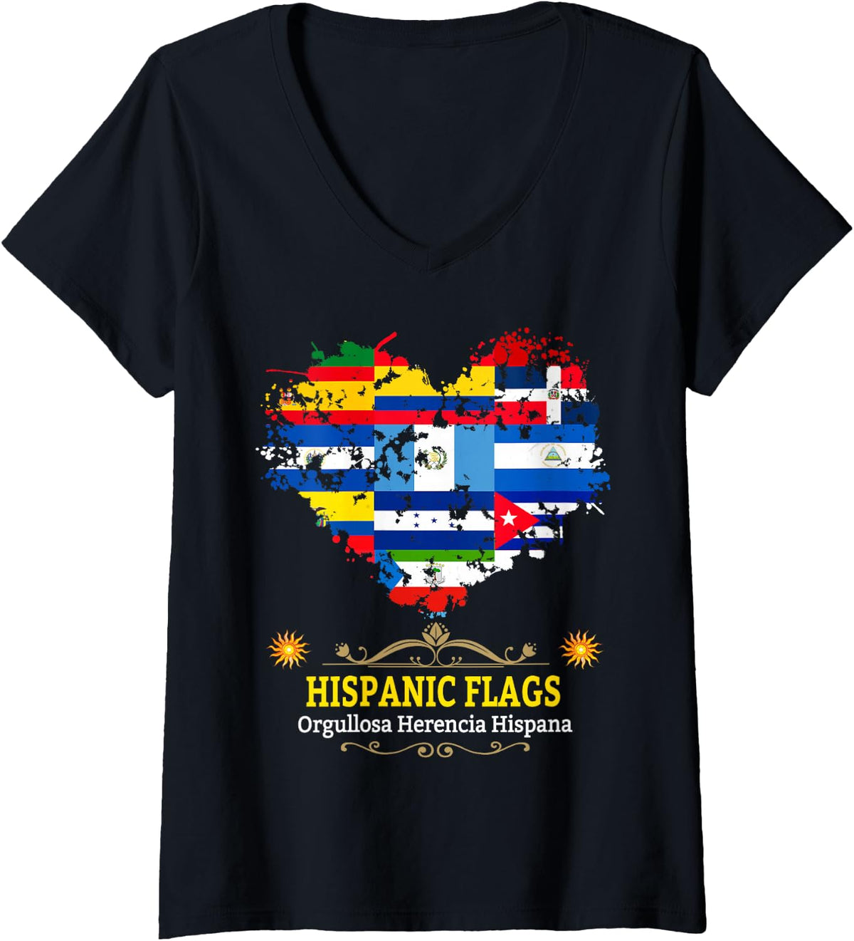 Women's Hispanic Flags Outfit Idea for Women & Latin Heritage Heart V-Neck T-Shirt - Black
