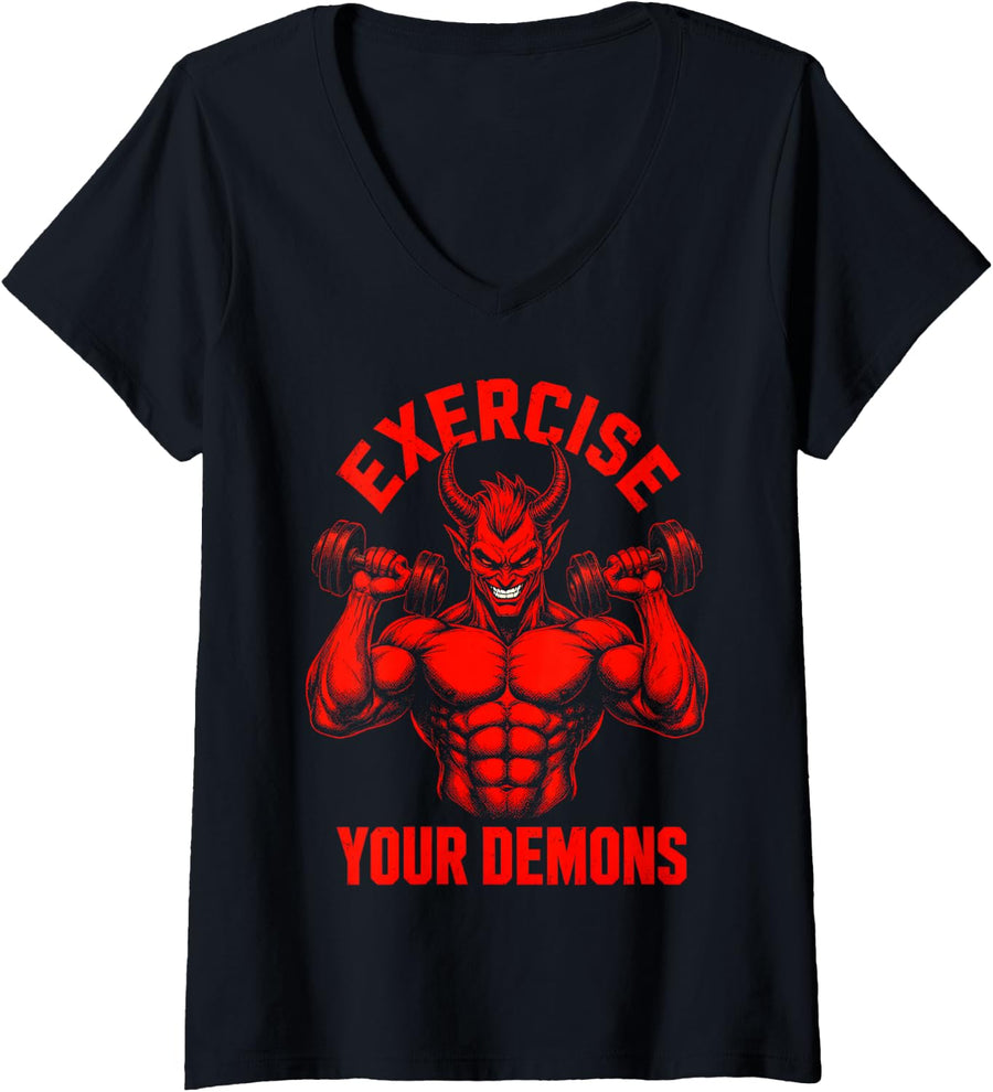 Women's Exercise Your Demons Workout Devil Funny Gym V-Neck T-Shirt - Black