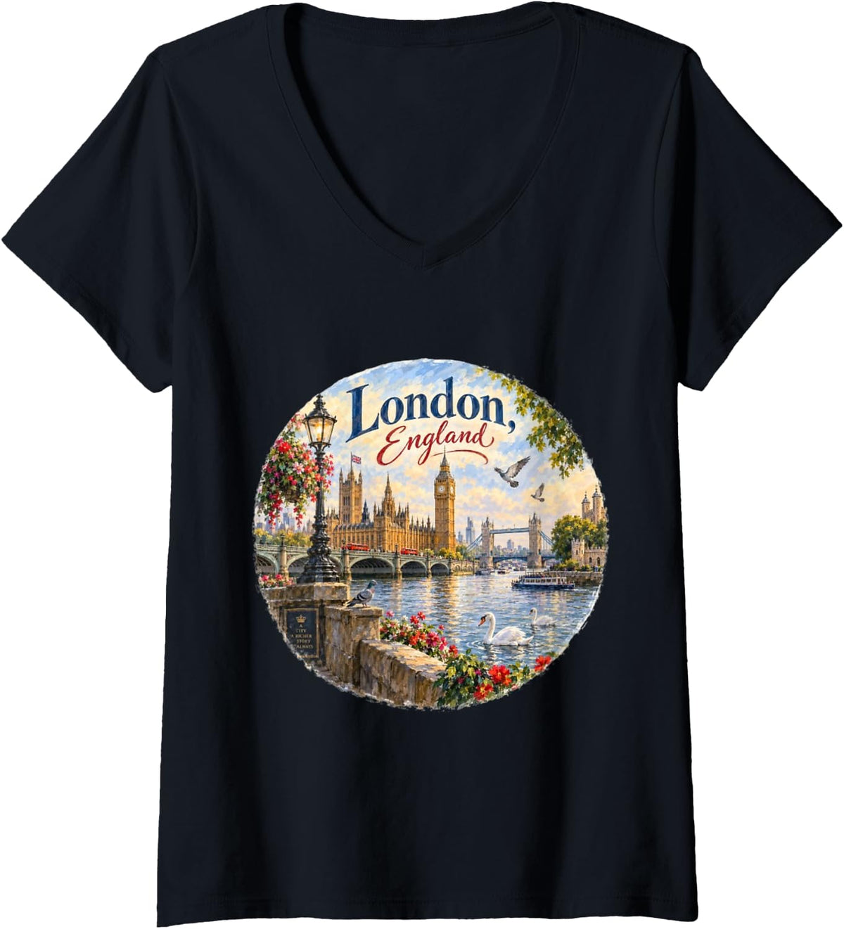 Women's London England, Europe, Big Ben, Bridge Castle V-Neck T-Shirt - Black