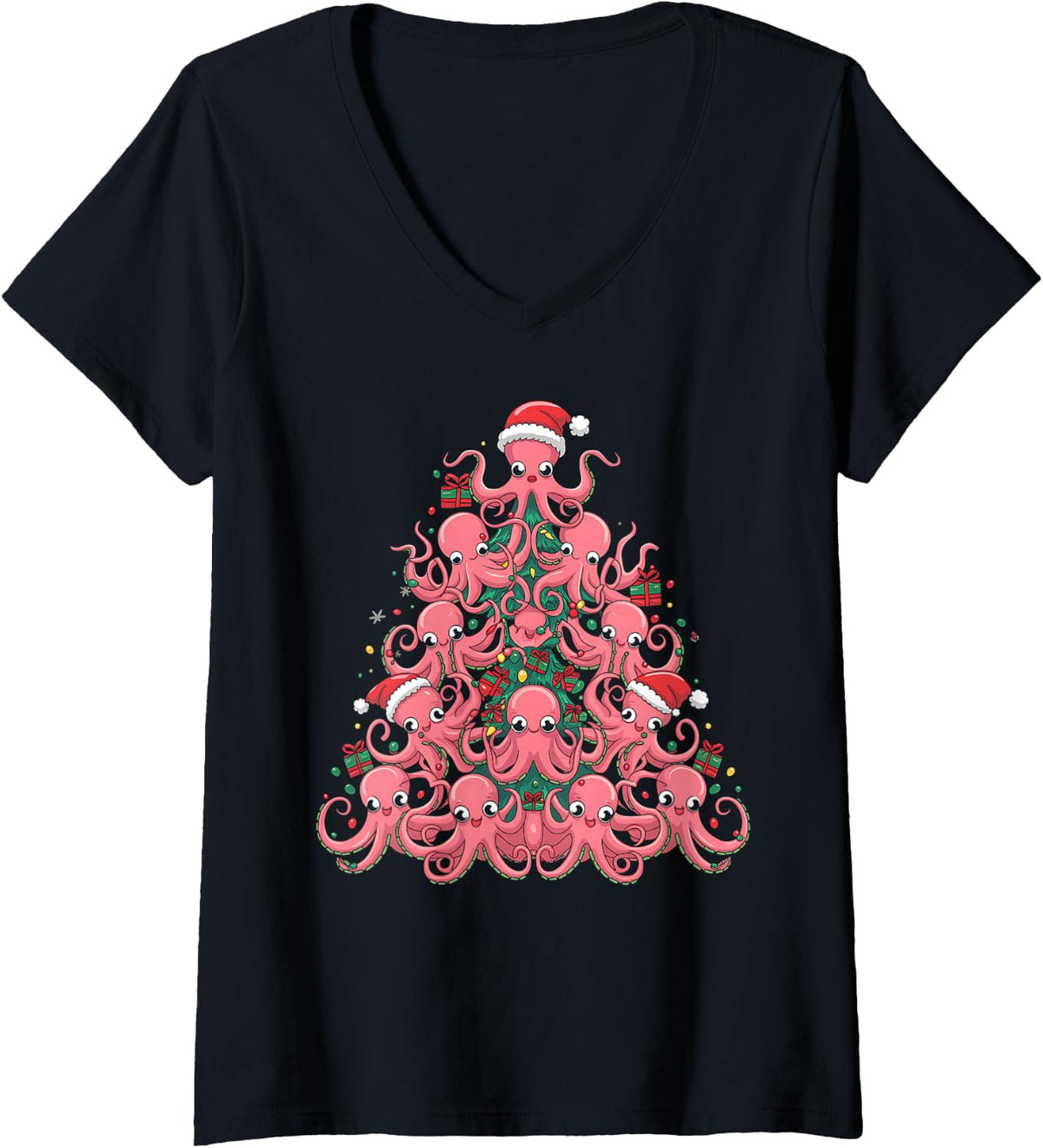 Women's Santa Hat Octopus Lovers Men Women Kids Christmas Tree V-Neck T-Shirt - Black