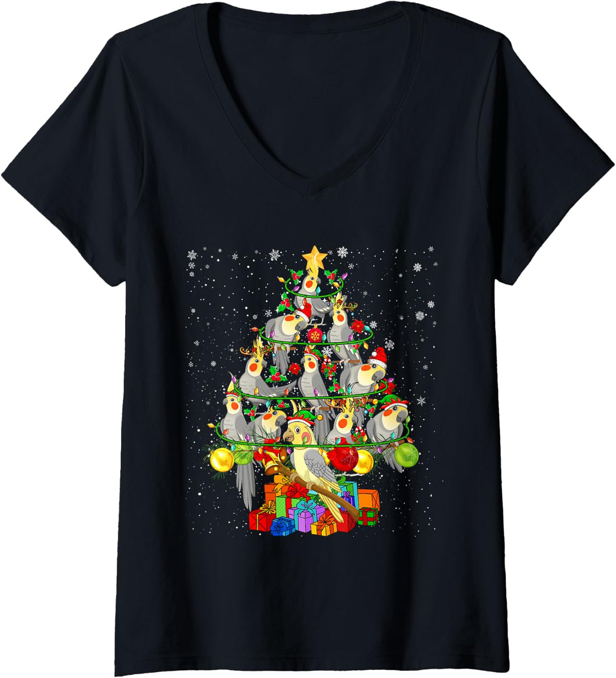 Women's Santa Reindeer Elf Cockatiel Birds Xmas Tree Lights Lover V-Neck T-Shirt - Black