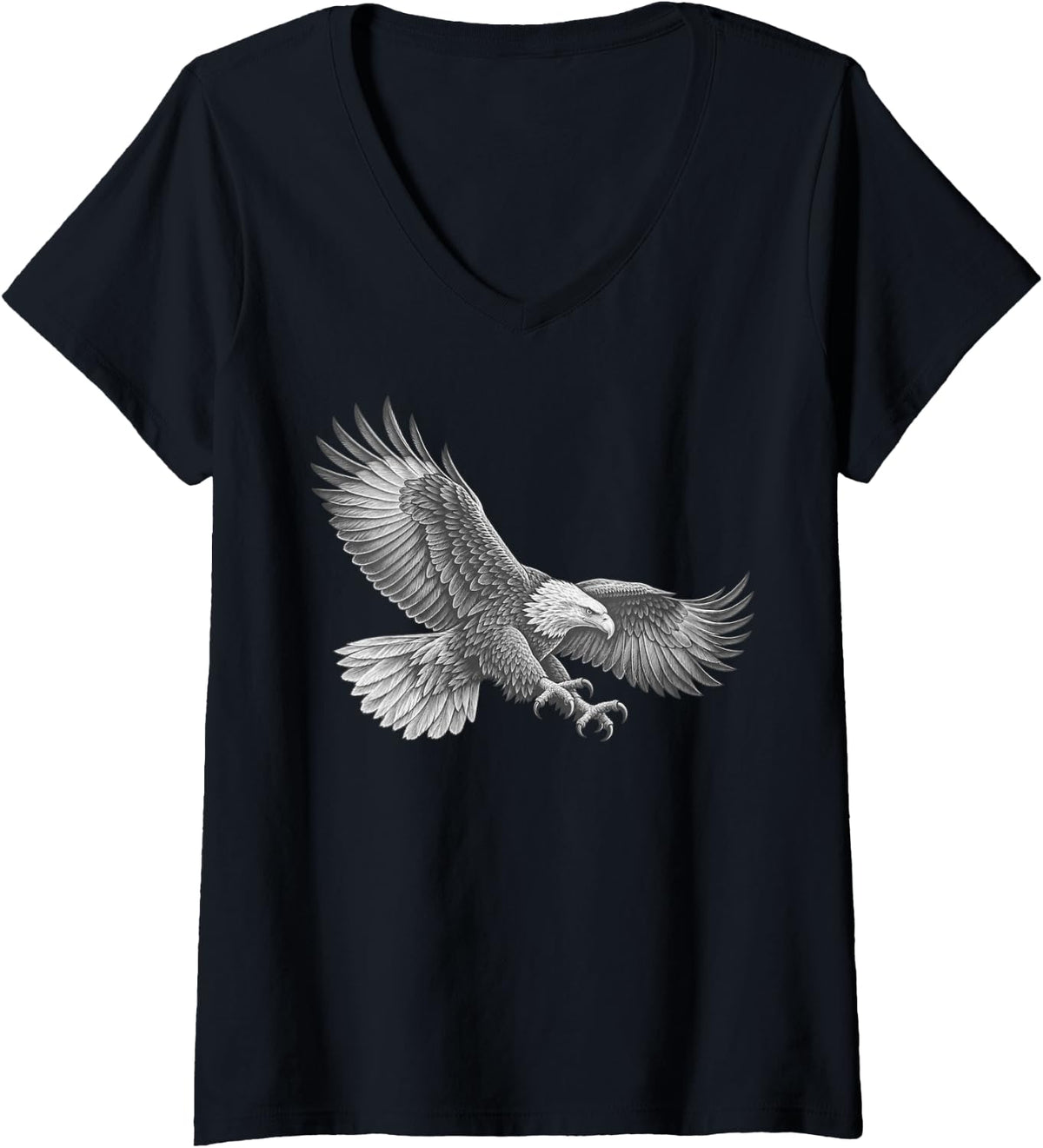 Women's Bald Eagle Diving Swoop Engraved Line Art V-Neck T-Shirt - Black