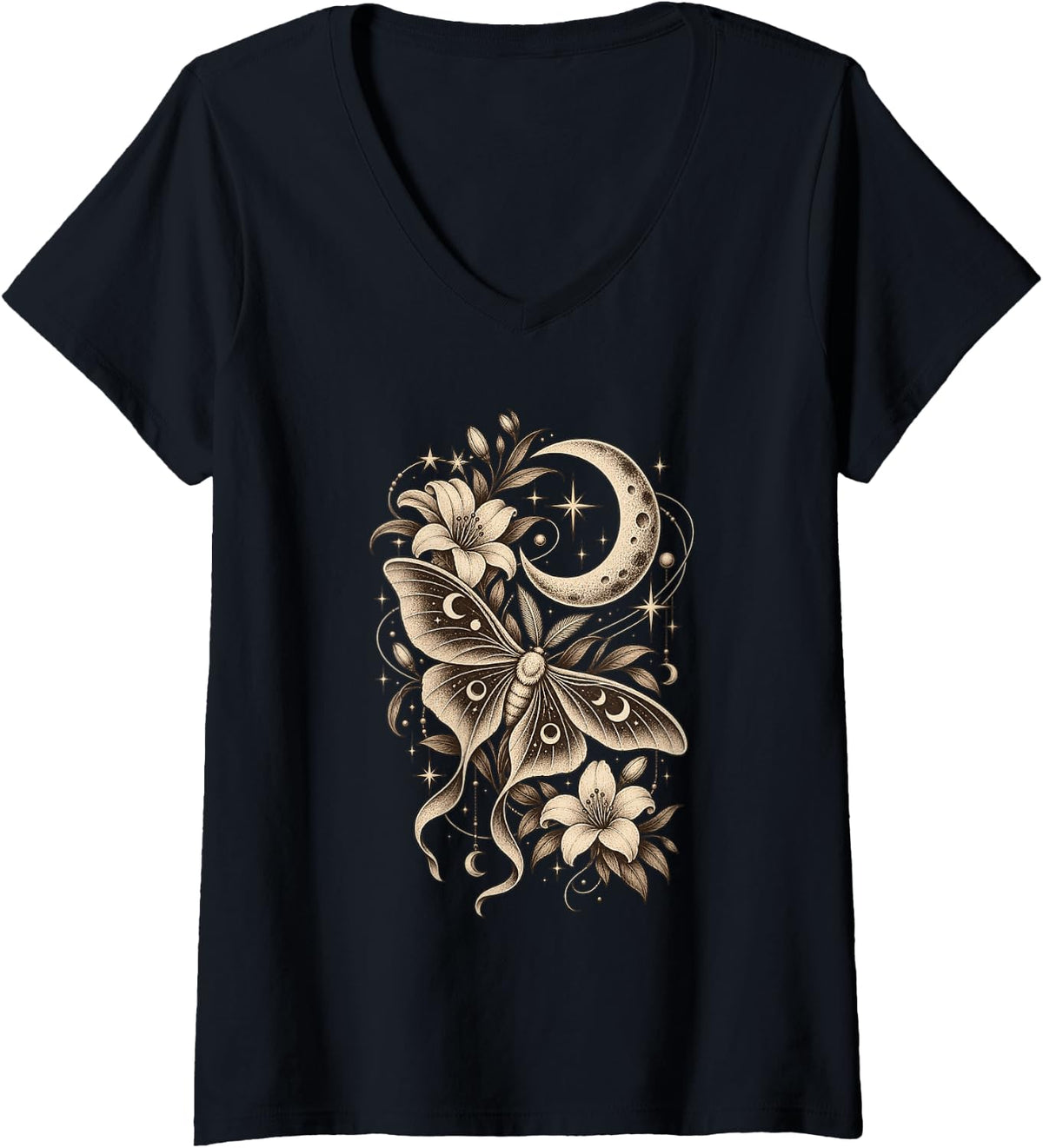 Women's Celestial Moth Crescent Moon Floral Flower Stars Vintage V-Neck T-Shirt - Black