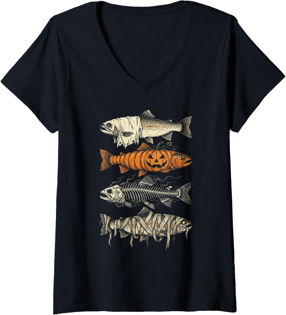 Women's Trout Fishing Halloween Ghost Pumpkin Skeleton Mummy Funny V-Neck T-Shirt - Black