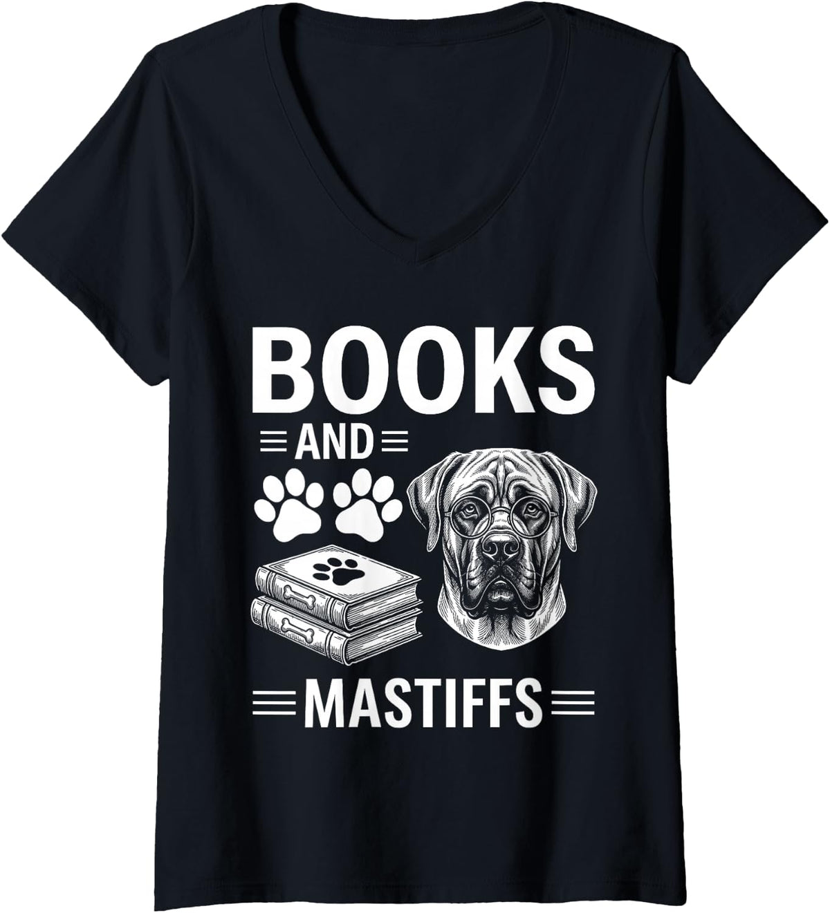 Women's Books and Mastiffs Funny Mastiff V-Neck T-Shirt - Black