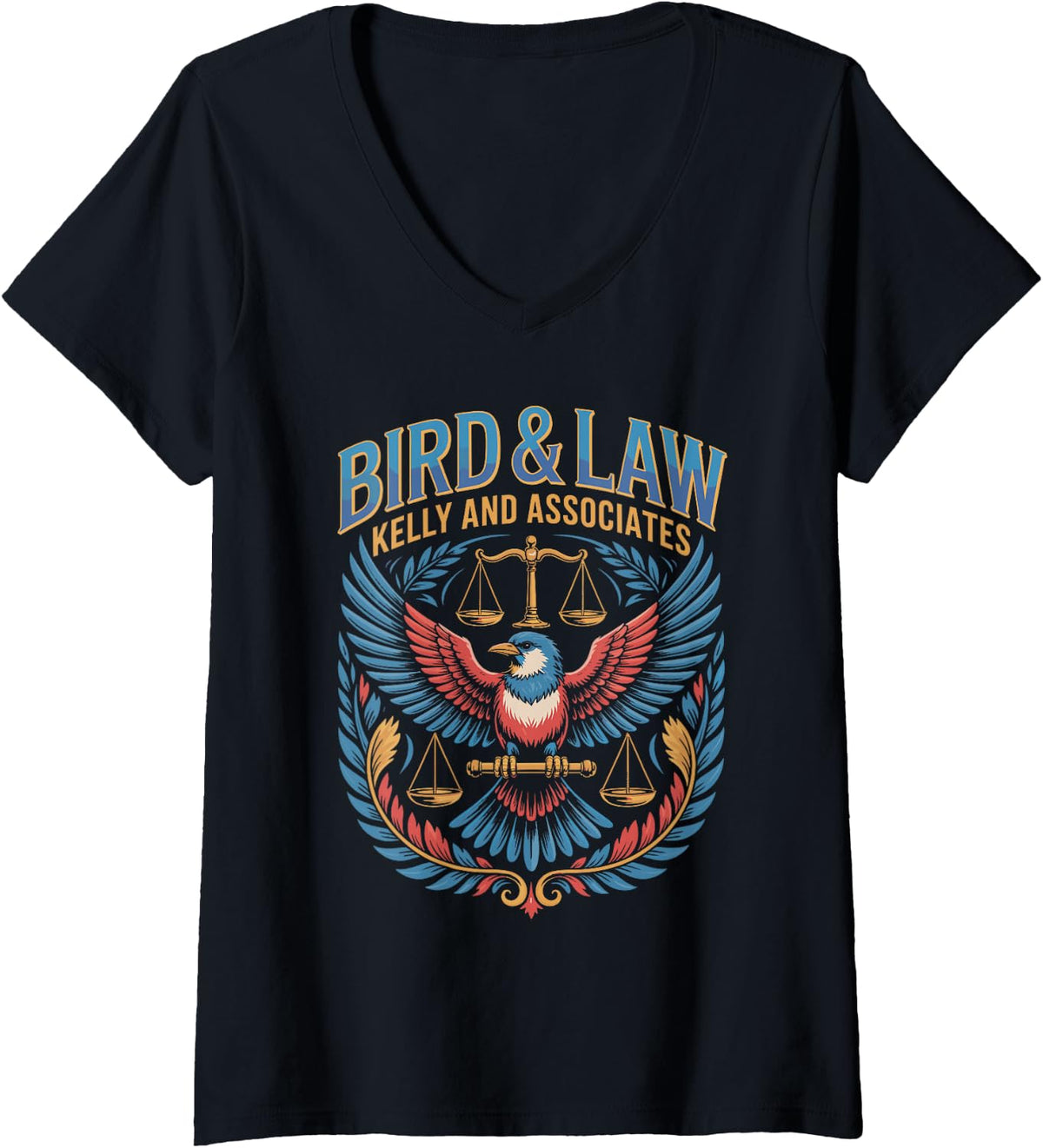 Women's Bird Lawyer Parody with Scales and Birds V-Neck T-Shirt - Black