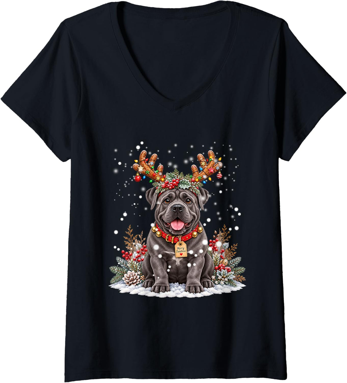 Women's Cane Corso Christmas Reindeer Lights Dog Lover Festive Xmas V-Neck T-Shirt - Black