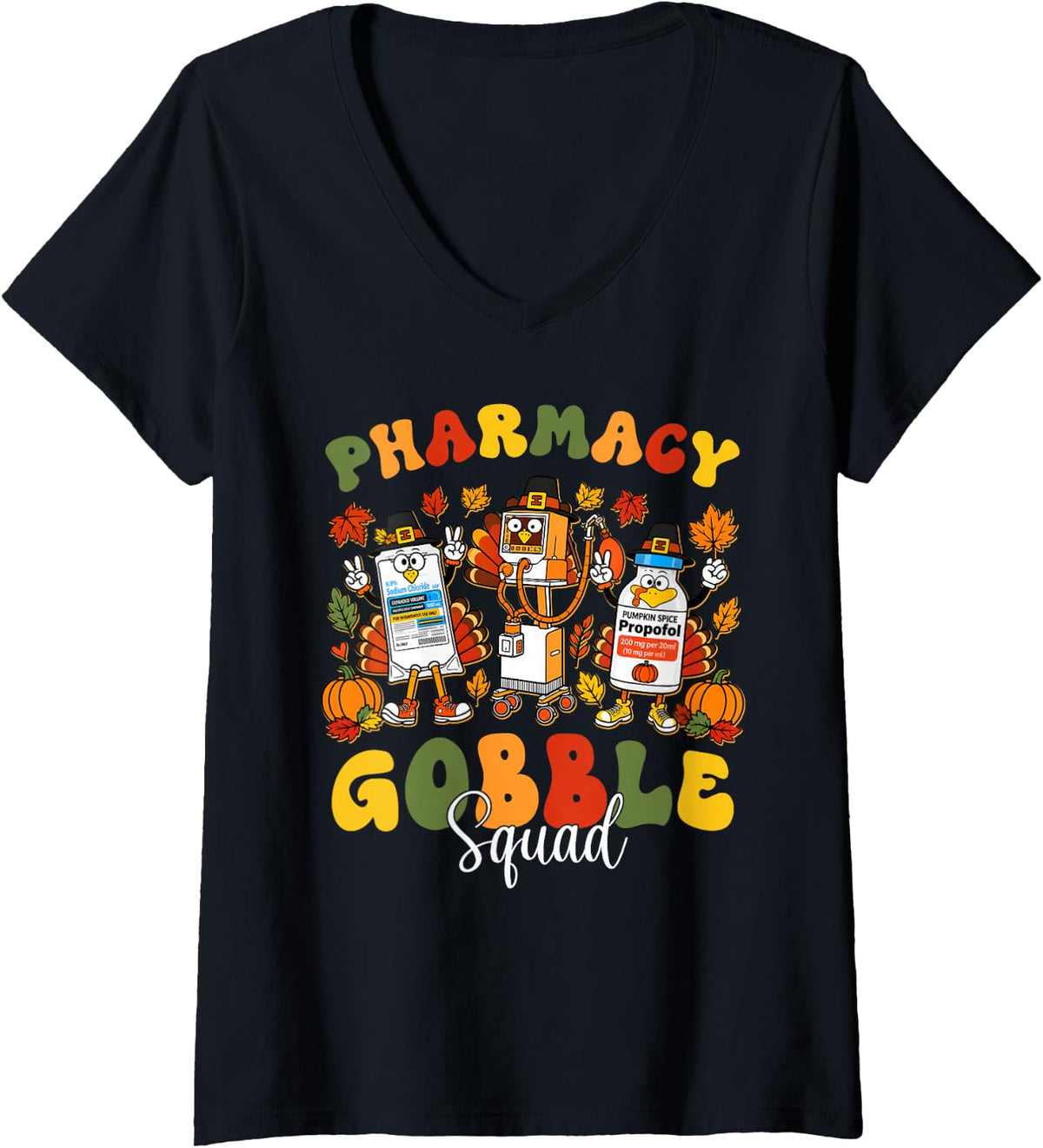 Women's Pharmacy Tech Gobble Squad Turkey Stethoscope Thanksgiving V-Neck T-Shirt - Black