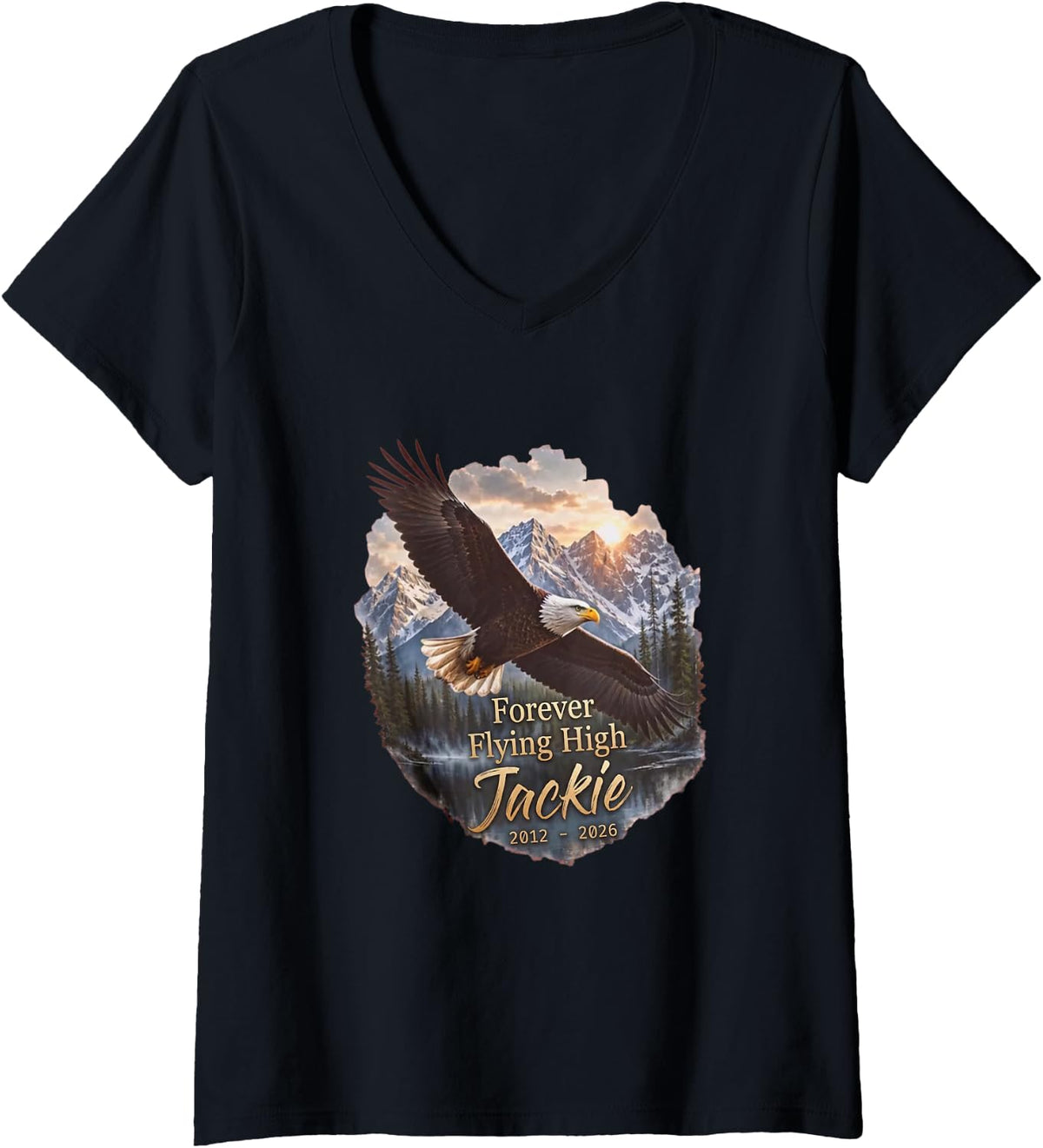 Women's Forever Flying High Big Bear Eagle Jackie Bald Eagle V-Neck T-Shirt - Black