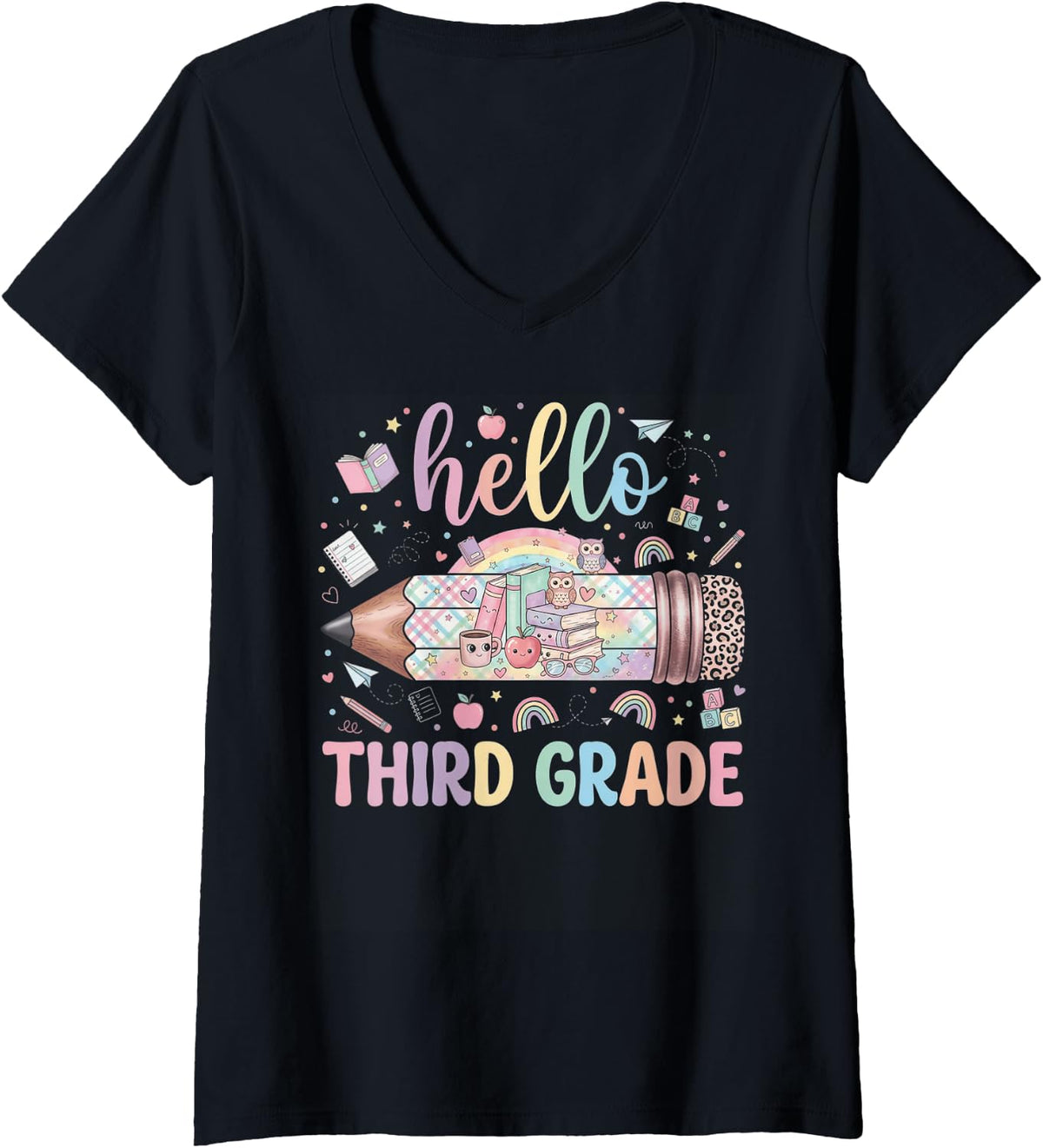 Women's Hello Third Grade Leopard Back to School for Kids Teachers V-Neck T-Shirt - Black