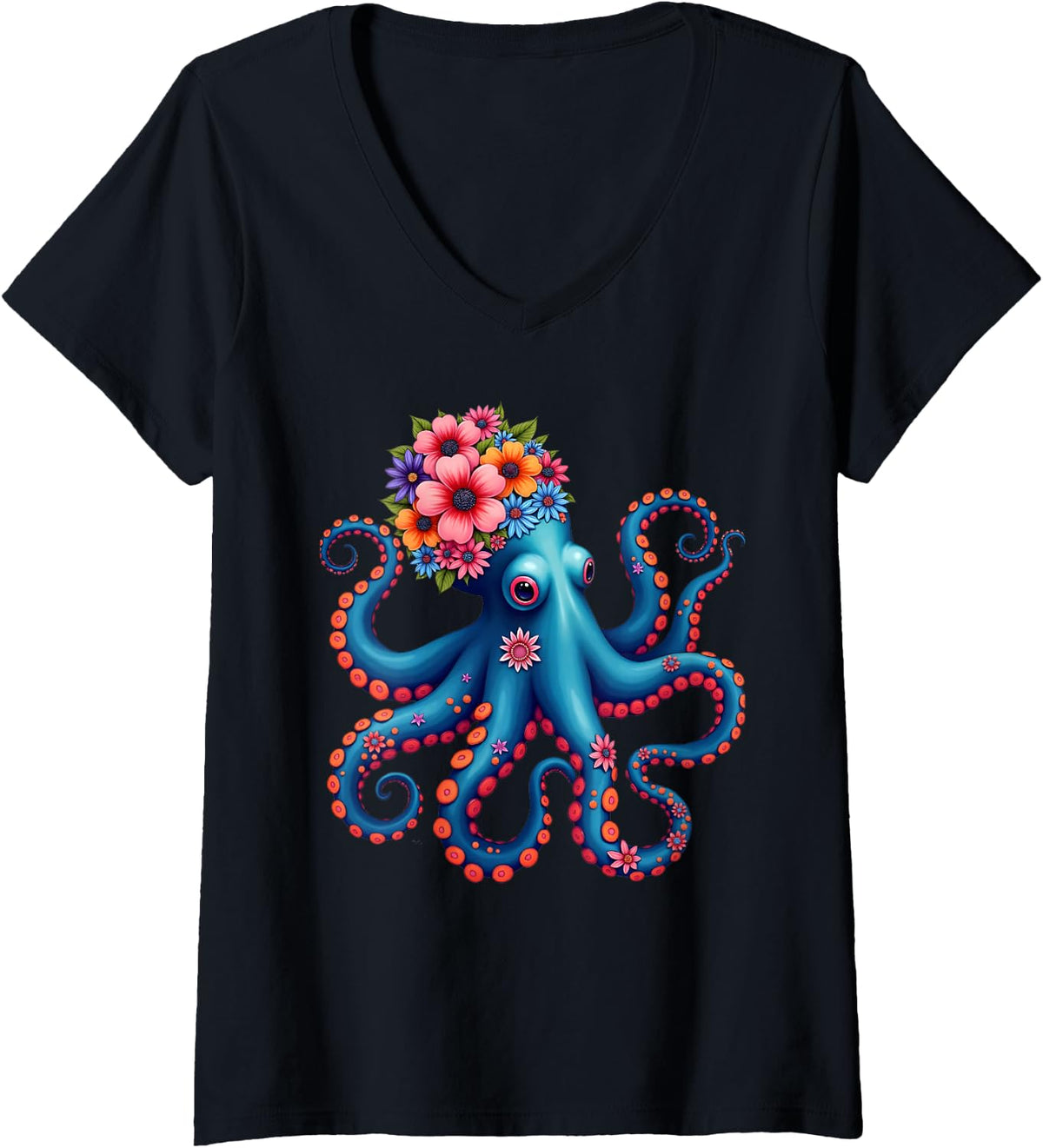 Women's Cute Floral Ocean Octopus Vintage Marine Life Floral Sea Art V-Neck T-Shirt - Black