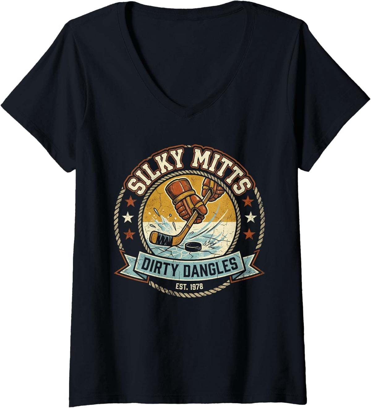 Women's Silky Mitts Dirty Dangles Ice Hockey V-Neck T-Shirt - Black