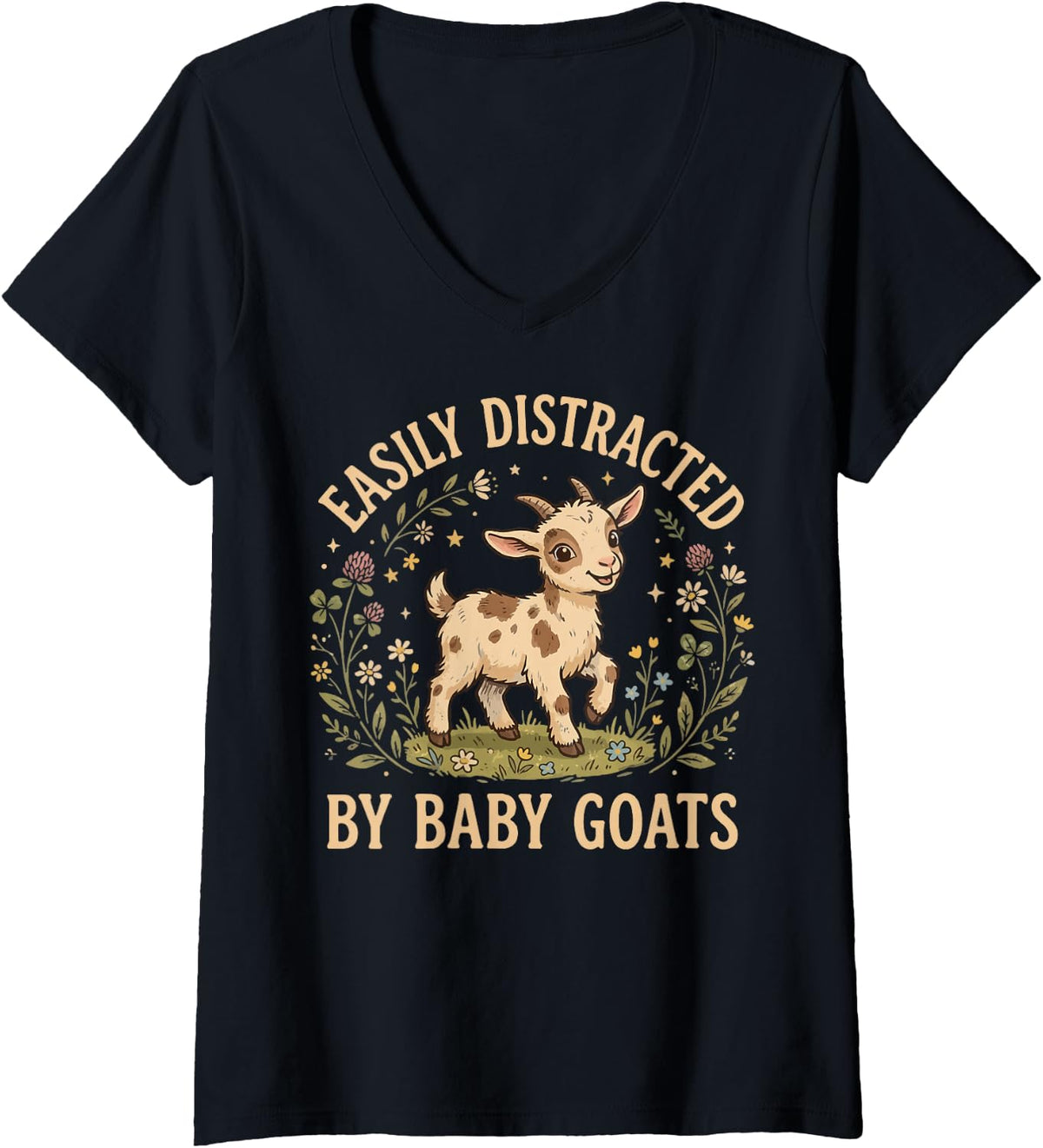 Women's Easily Distracted By Baby Goats V-Neck T-Shirt - Black