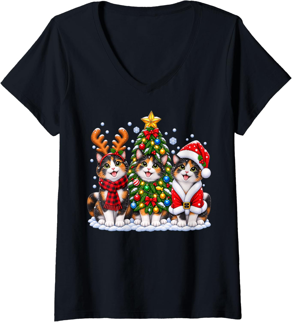 Women's Calico Cat Merry Christmas Santa Hat Holidays Xmas V-Neck T-Shirt - Black