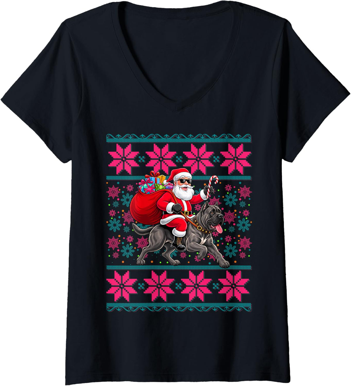 Women's Ugly Christmas Women Girls Santa Riding Cane Corso Dog Xmas V-Neck T-Shirt - Black