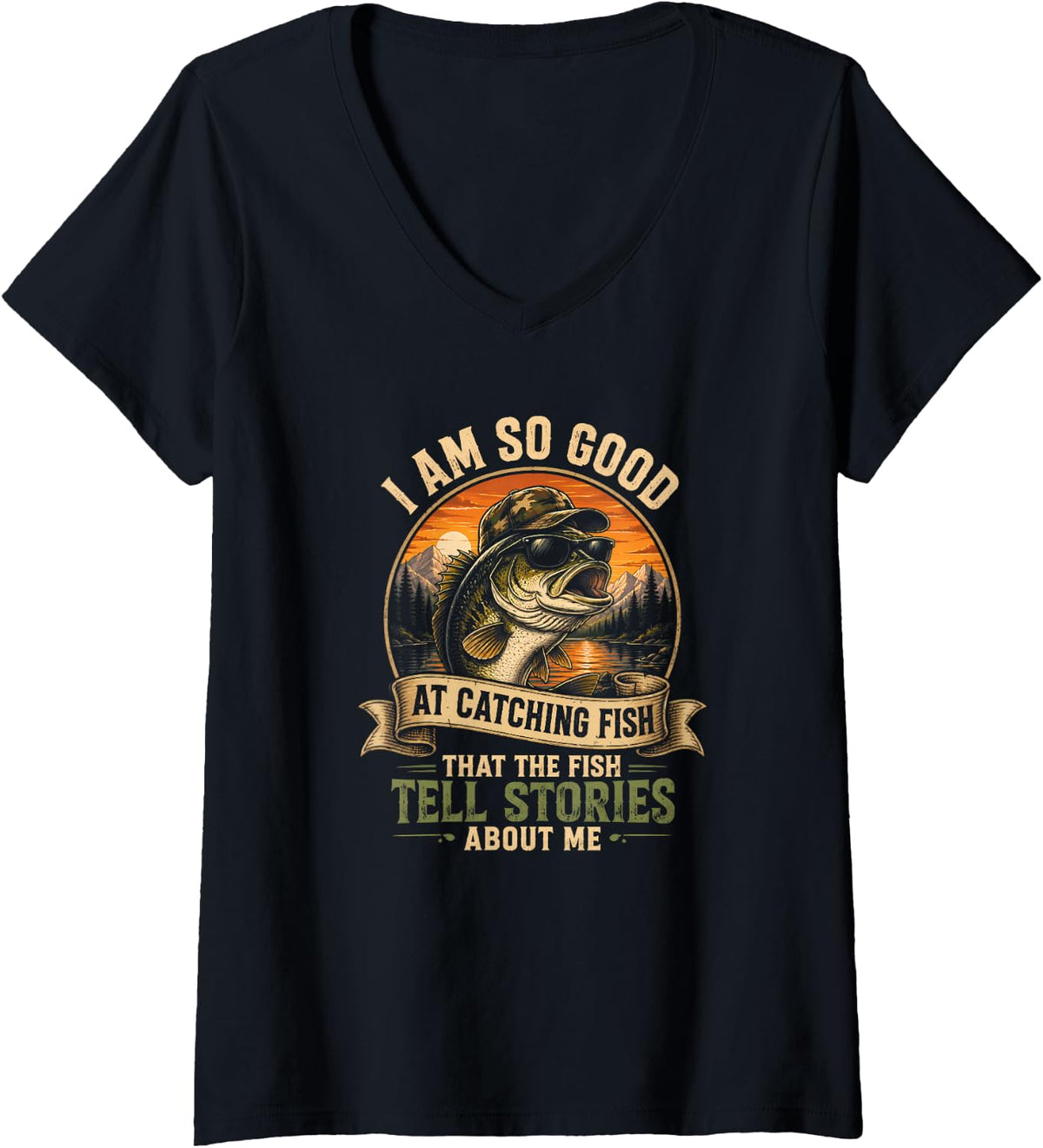 Women's Funny Catching Fish Stories Largemouth Bass Angler Humor V-Neck T-Shirt - Black