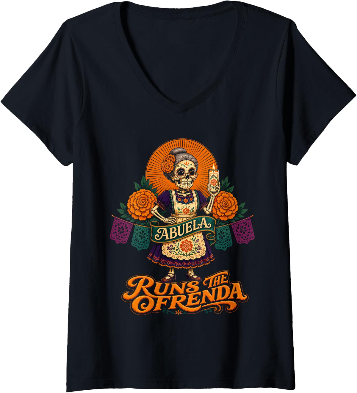 Women's Abuela Dia De Los Muertos Ofrenda V-Neck T-Shirt - Black