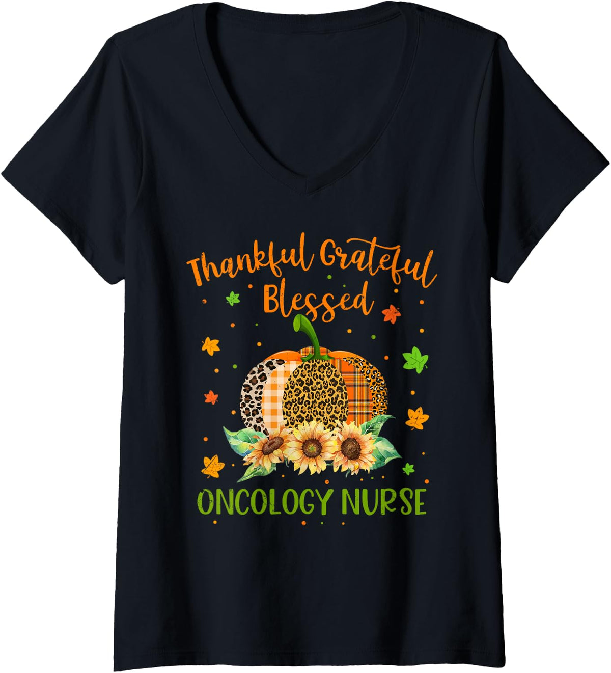 Women's Thankful Oncology Nurse Pumpkin Sunflower Thanksgiving V-Neck T-Shirt - Black