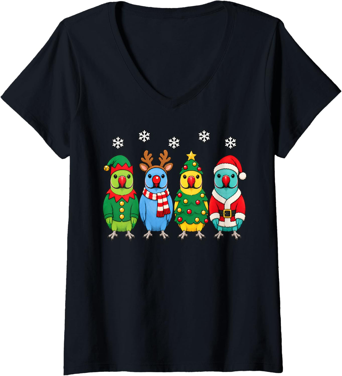 Women's Indian Ringneck Parrot Christmas Reindeer Santa Bird V-Neck T-Shirt - Black