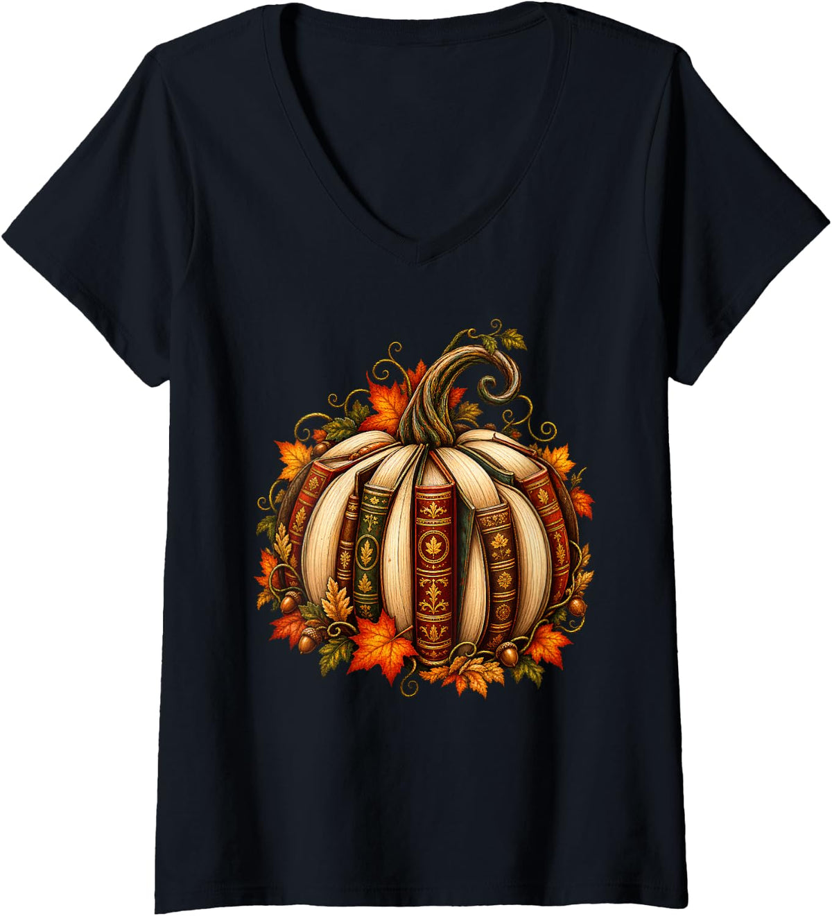 Women's Pumpkin Books Autumn Fall Reading Bibliophile Aesthetic V-Neck T-Shirt - Black