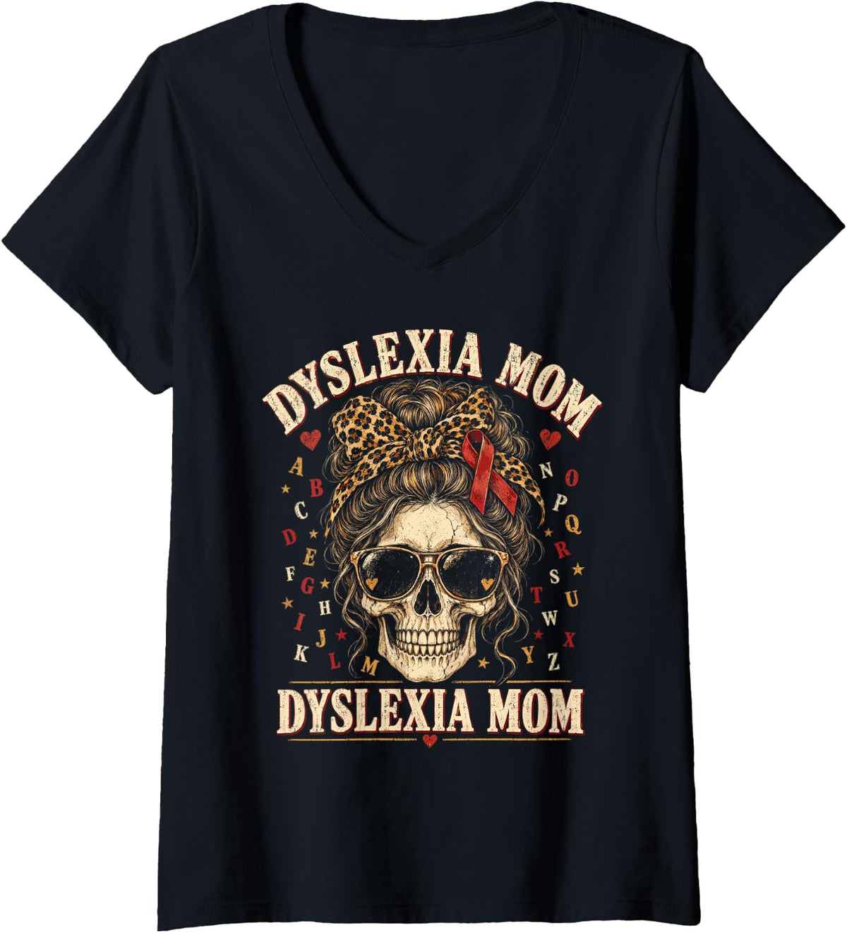 Women's Dyslexia Mom Messy Bun Dyslexia Awareness V-Neck T-Shirt - Black