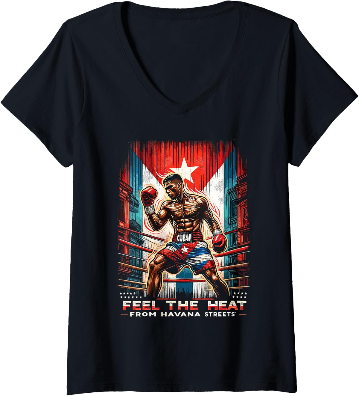 Women's Cuban Boxing Feel The Heat Havana Streets V-Neck T-Shirt - Black