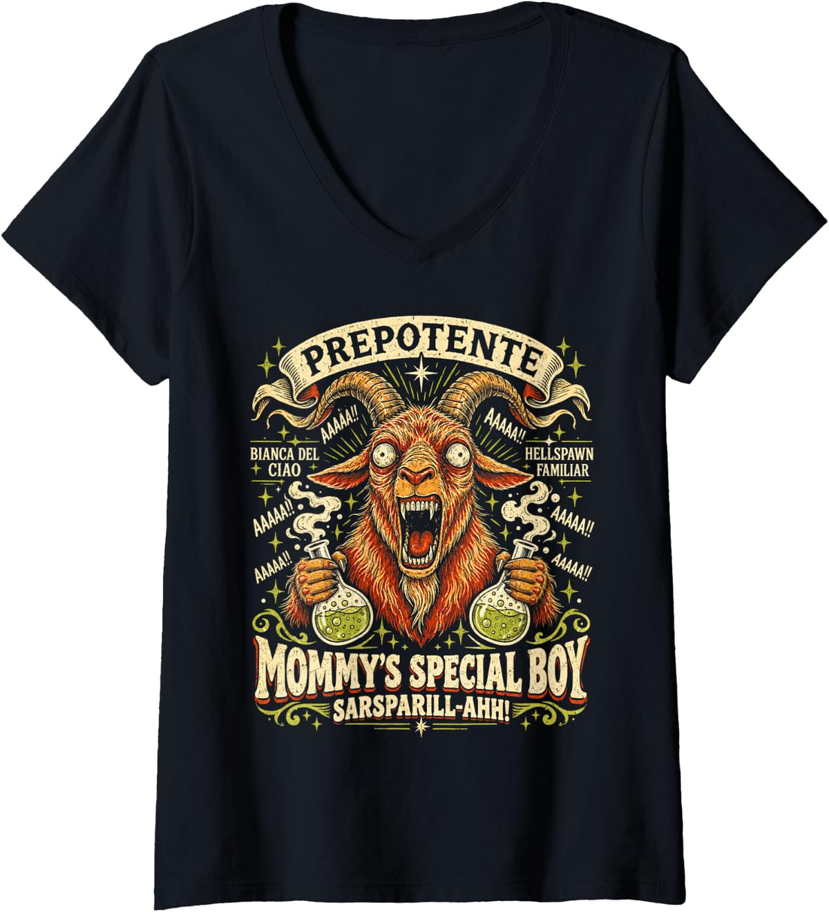 Women's Prepotente Goat Meme Funny Gamer Mommy's Special Boy Vintage V-Neck T-Shirt - Black