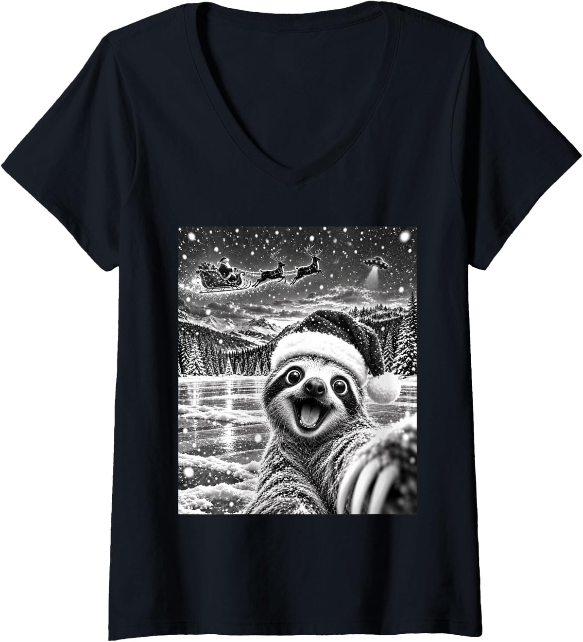 Women's Sloth Selfie with Santa Funny Christmas Men Women Kids V-Neck T-Shirt - Black