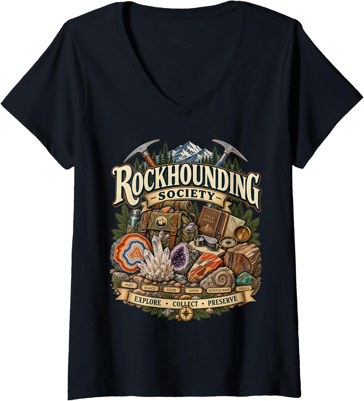 Women's Rockhounding Society Rockhound Rock Collector Rock Hunter V-Neck T-Shirt - Black