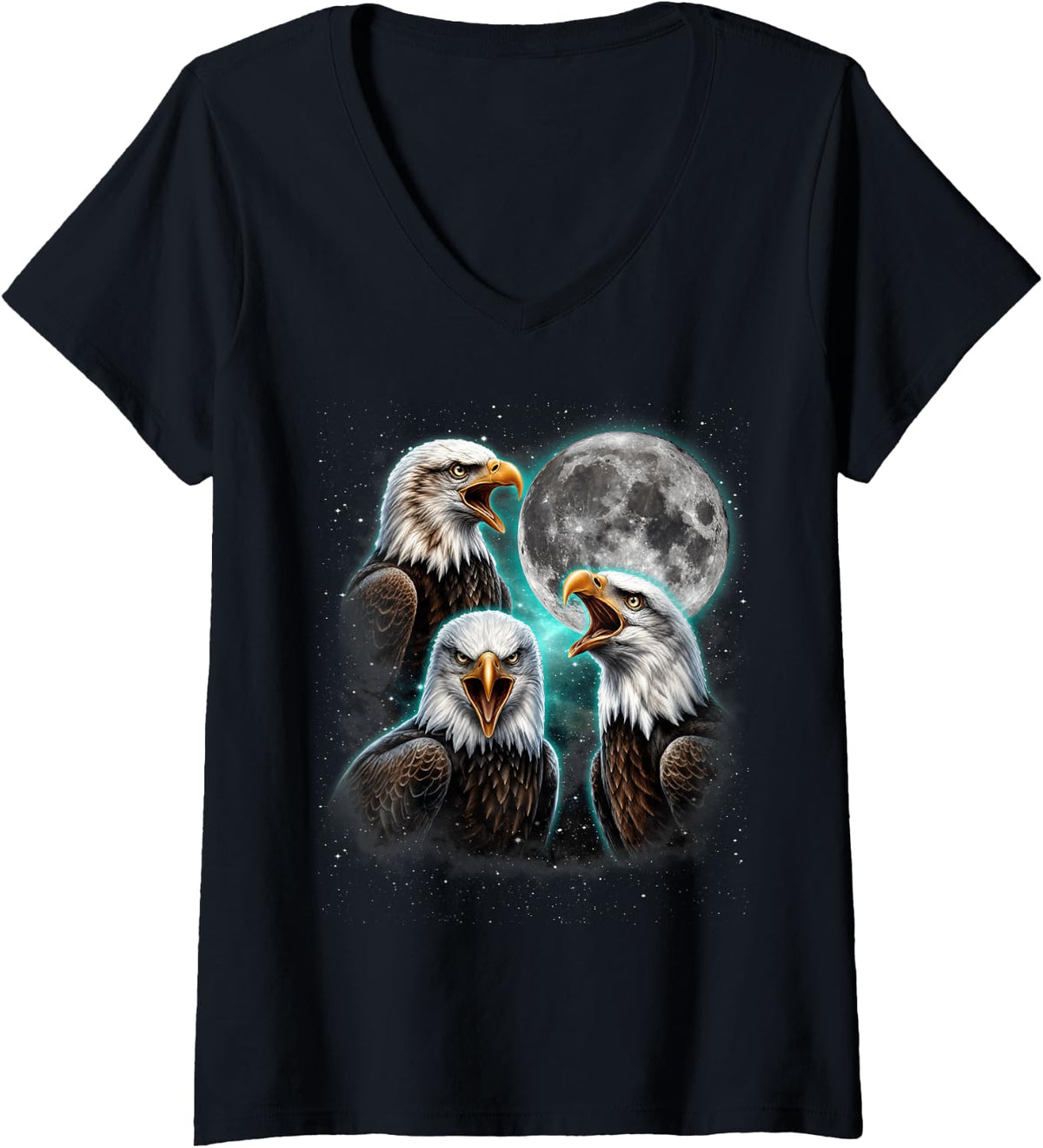 Women's Three Bald Eagle Moon Meme Funny American Bird Eagles Lover V-Neck T-Shirt - Black