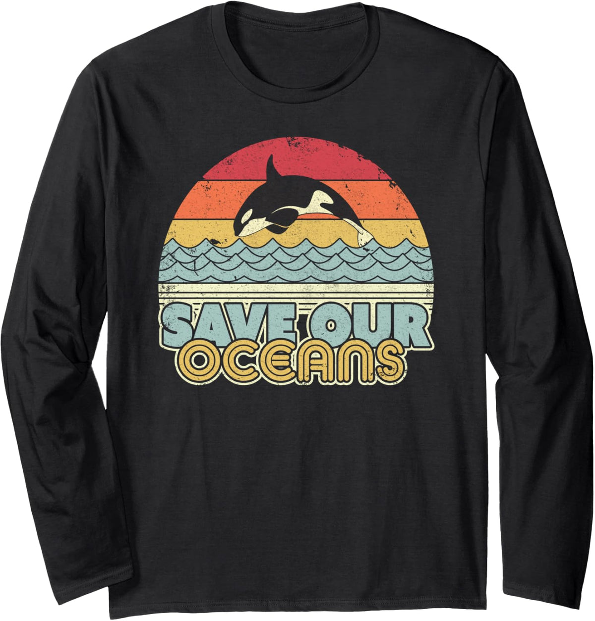 Save Our Oceans, Orca Whale, Retro Climate Change Long Sleeve T-Shirt - Adult Unisex Black