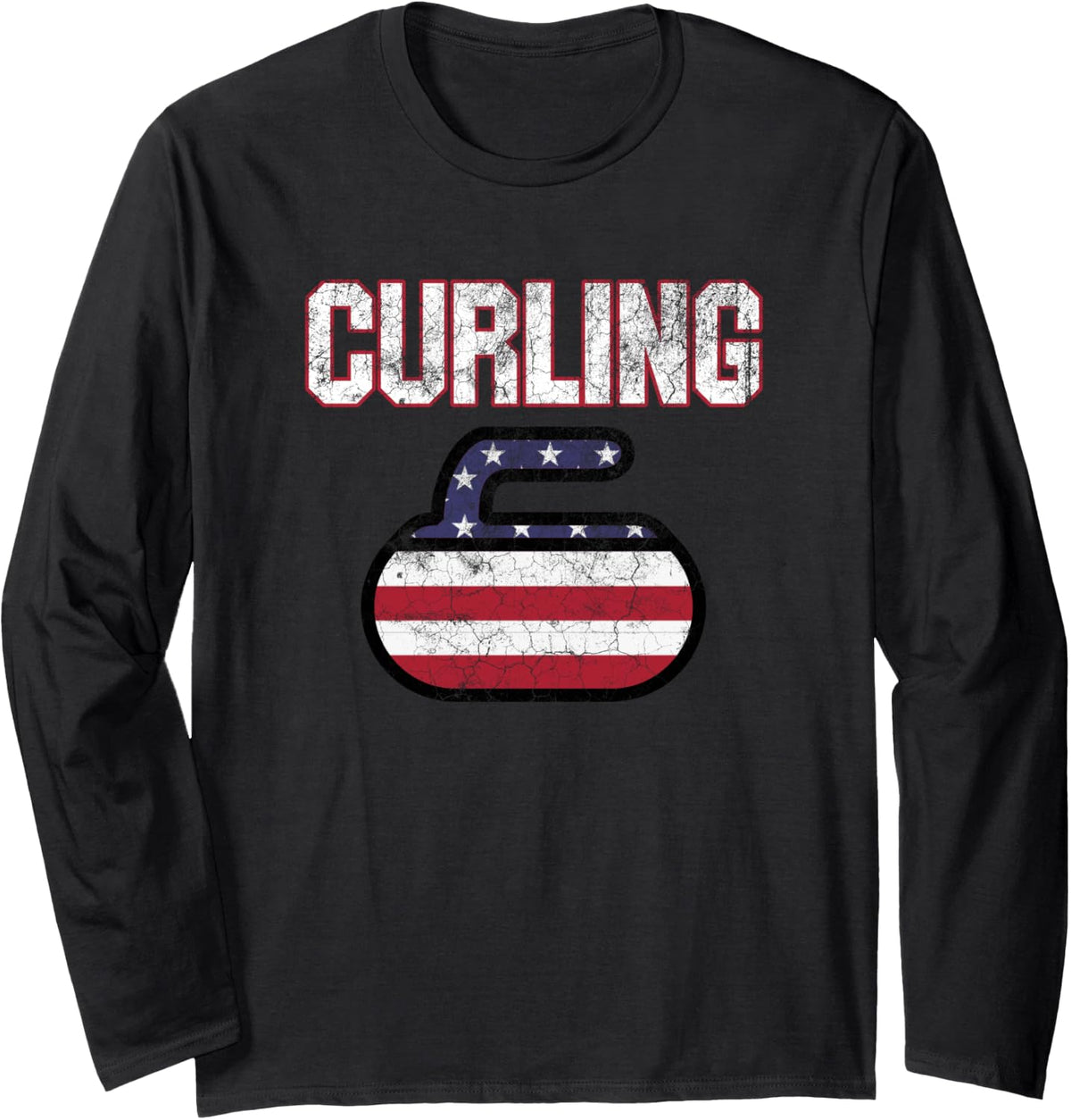 USA American Flag Curling Stone For Men Women T Shirt Long Sleeve T-Shirt - Adult Unisex Black