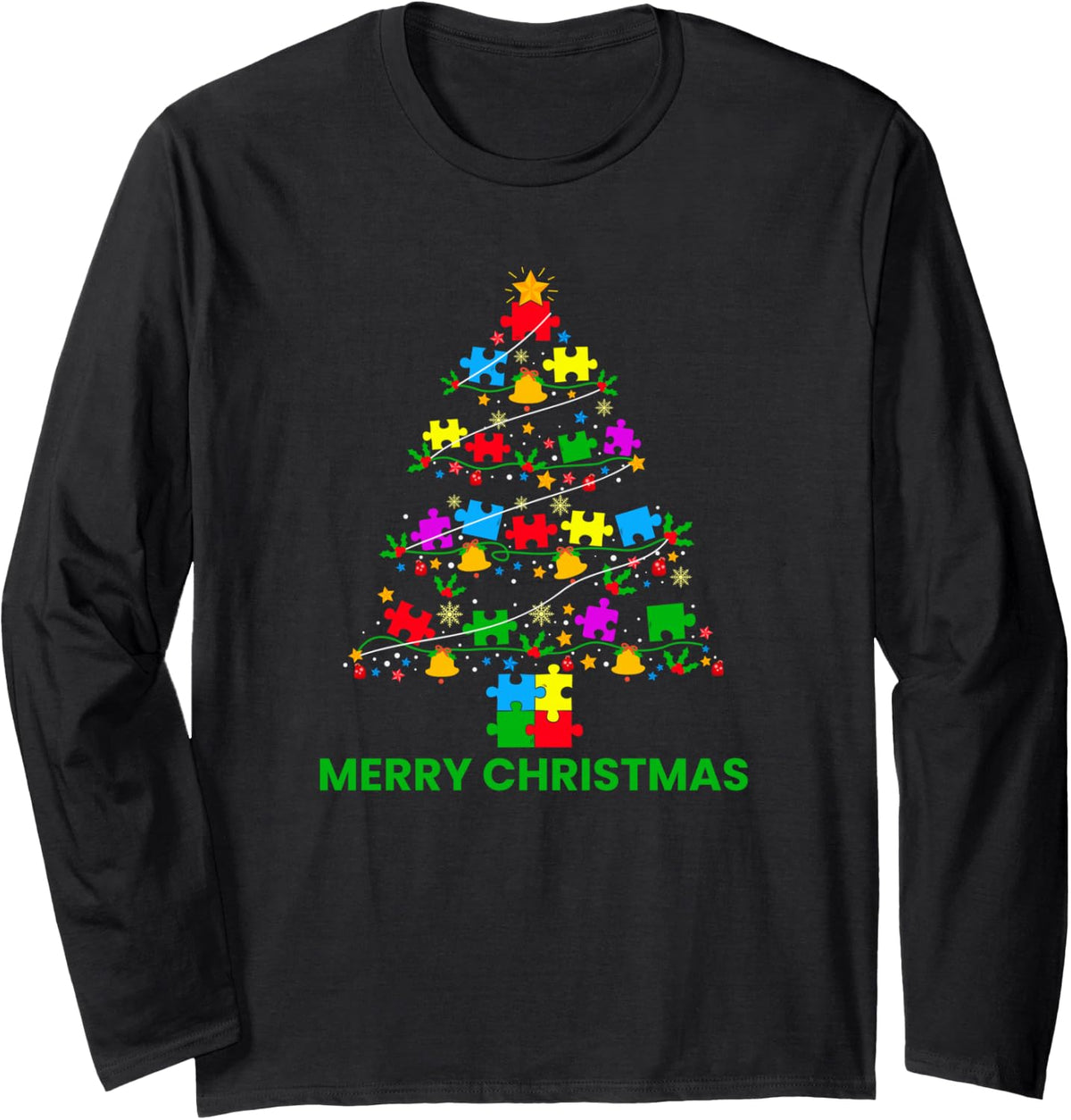 Puzzle Christmas Tree Autism Awareness Long Sleeve T-Shirt - Adult Unisex Black