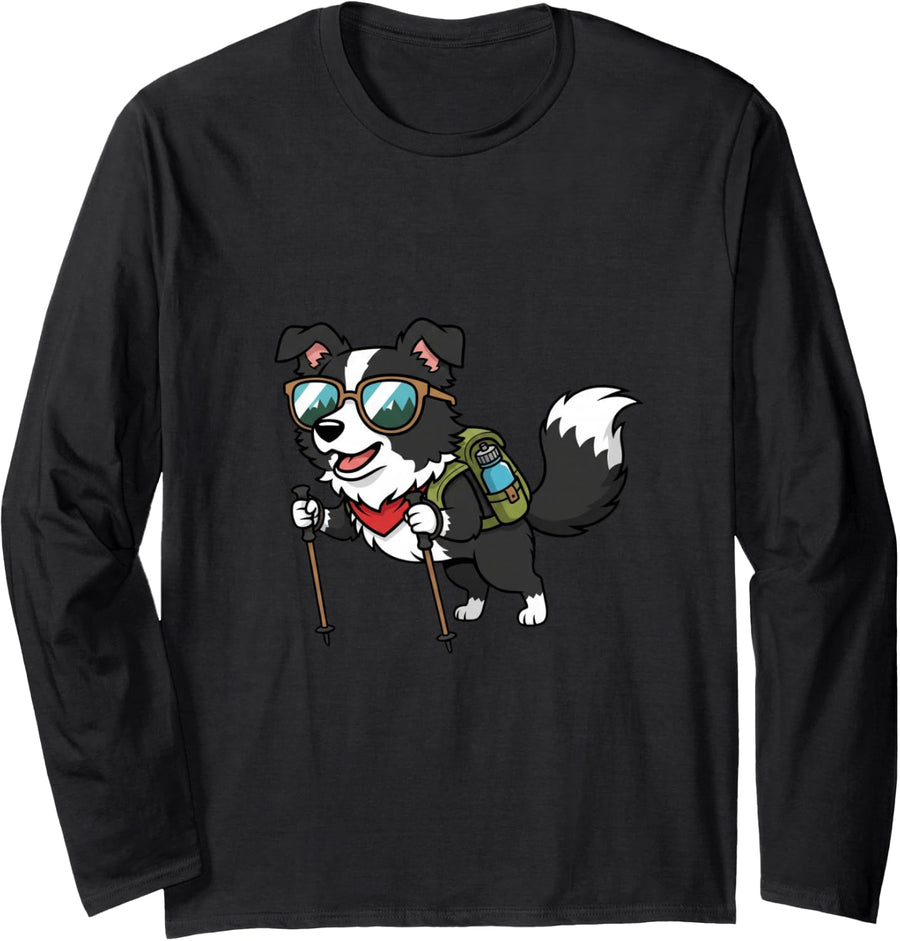 Cute Border Collie Hiking Camping Funny Outdoor Nature Lover Long Sleeve T-Shirt - Adult Unisex Black