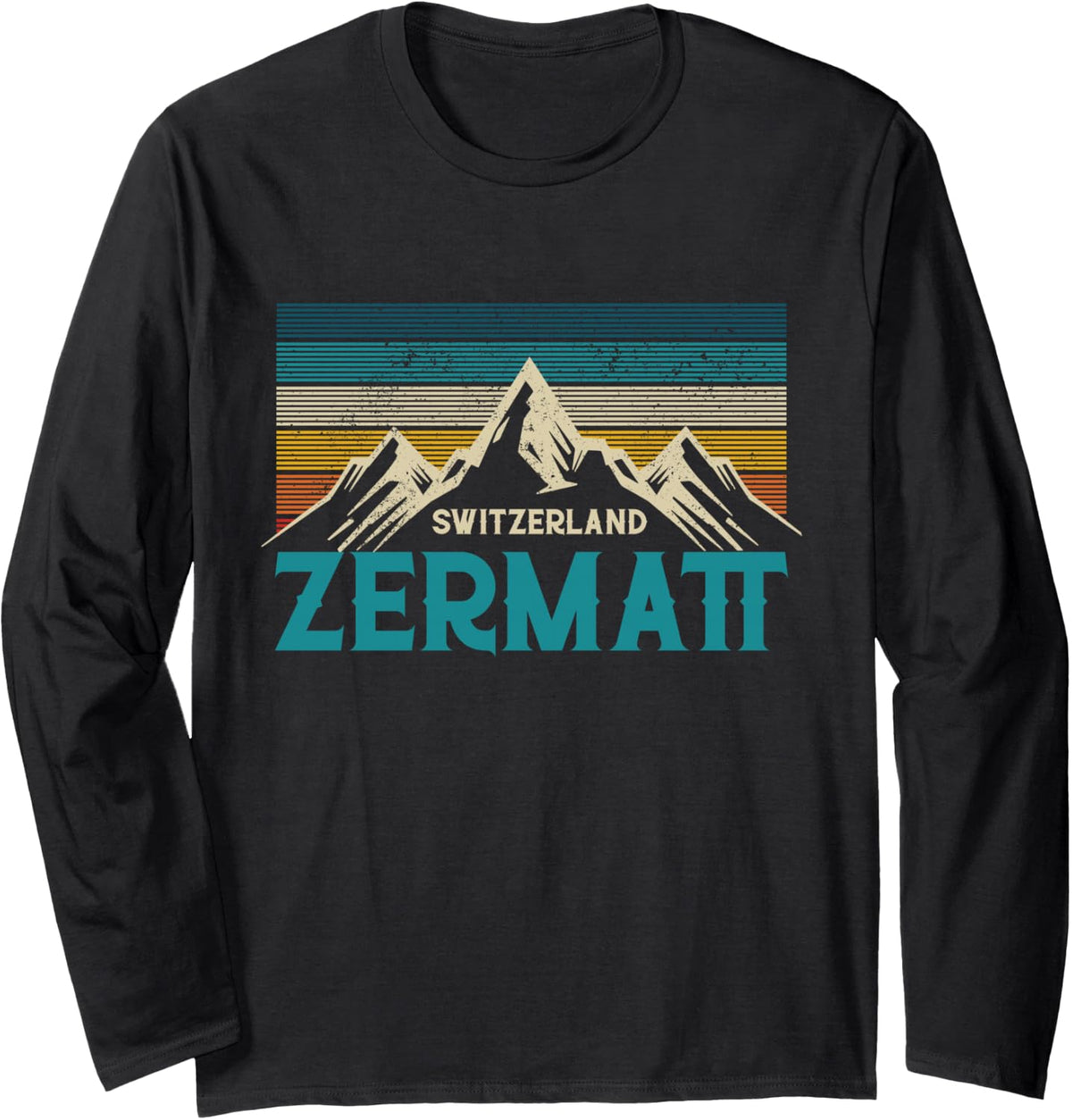 Zermatt Switzerland Vintage Mountains Ski Souvenir Gift Long Sleeve T-Shirt - Adult Unisex Black