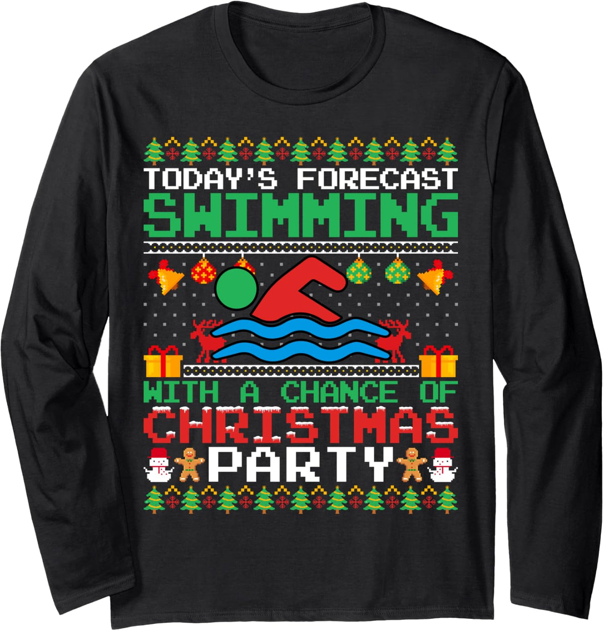 Swimming Christmas Party Swim Swimmer Christmas Ugly Style Long Sleeve T-Shirt - Adult Unisex Black