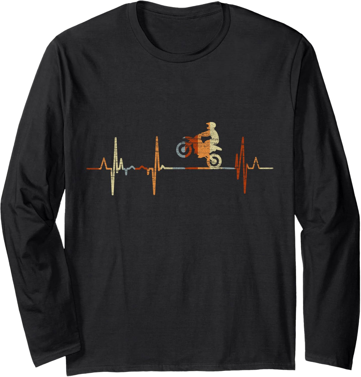 Motocross Heartbeat Vintage ECG Cardiogram Retro Long Sleeve T-Shirt - Adult Unisex Black