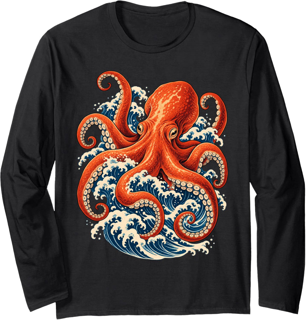 Japanese Wave Red Octopus Ocean Creature Art Long Sleeve T-Shirt - Adult Unisex Black