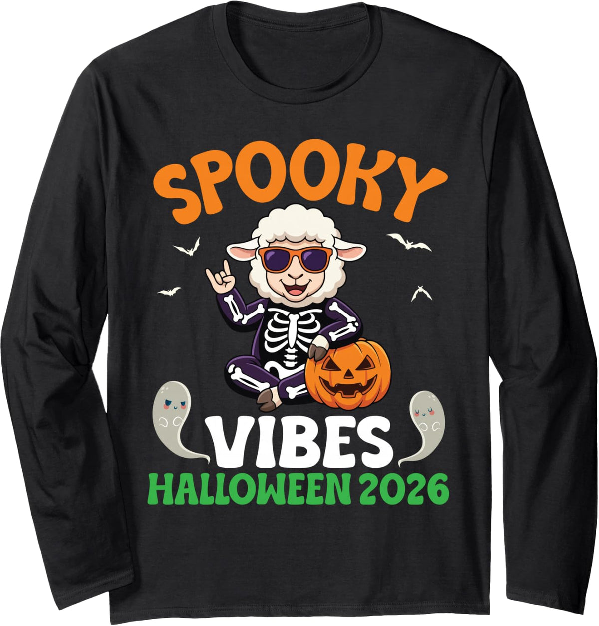 Spooky Vibes Halloween 2026 Rocking Sheep Skeleton Pumpkins Long Sleeve T-Shirt - Adult Unisex Black