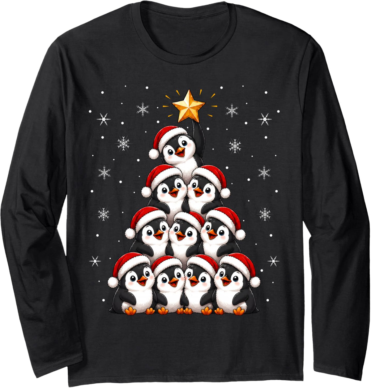 Penguin Christmas Tree Cute Festive Santa Penguin Xmas Long Sleeve T-Shirt - Adult Unisex Black