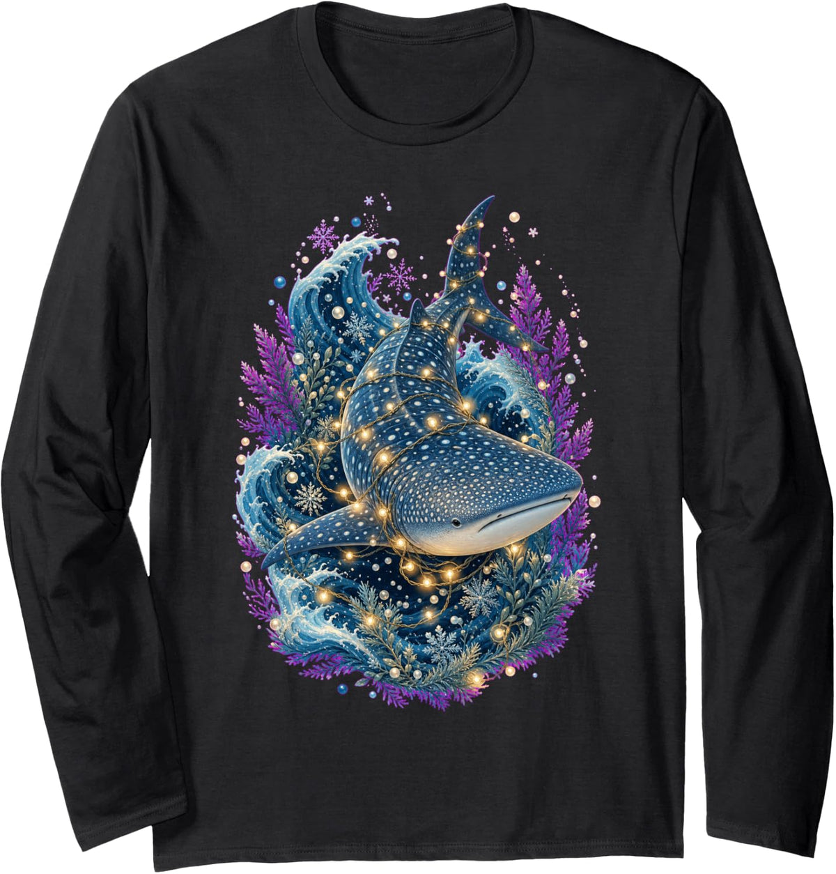 Winter Lights Whale Shark Wildlife Animal Long Sleeve T-Shirt - Adult Unisex Black