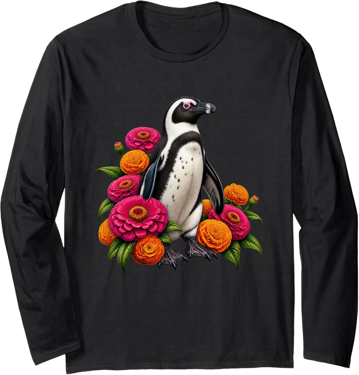 African Penguin with Pink Zinnias and Golden Marigolds Long Sleeve T-Shirt - Adult Unisex Black